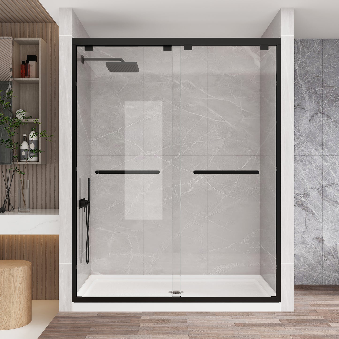 KPUY S0102 Glass Shower Door, 56-60" W x 76" H Semi-Frameless Shower Door, Double Sliding Shower Door with 1/4" (6mm) Thick Tempered Clear Glass, Shower Glass Door with Explosion-Proof Film in Matte Black