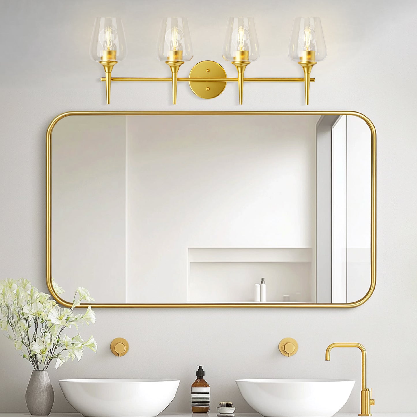 Modern Gold Vanity Lighting Fixture, 4 Light Over Mirror, Wall Lamp with Clear Glass for Bathroom, Hallway, Bedroom with E26 Socket