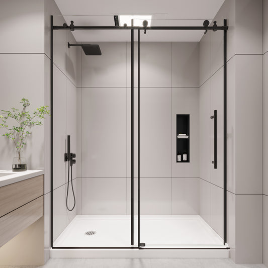 KPUY 9711 Frameless Shower Door, 50-54" W x 76" H Sliding Glass Shower Door, 1/4" (6mm) Thick Tempered Clear Glass with Explosion-Proof Film Nano Coating in Matte Black Finish