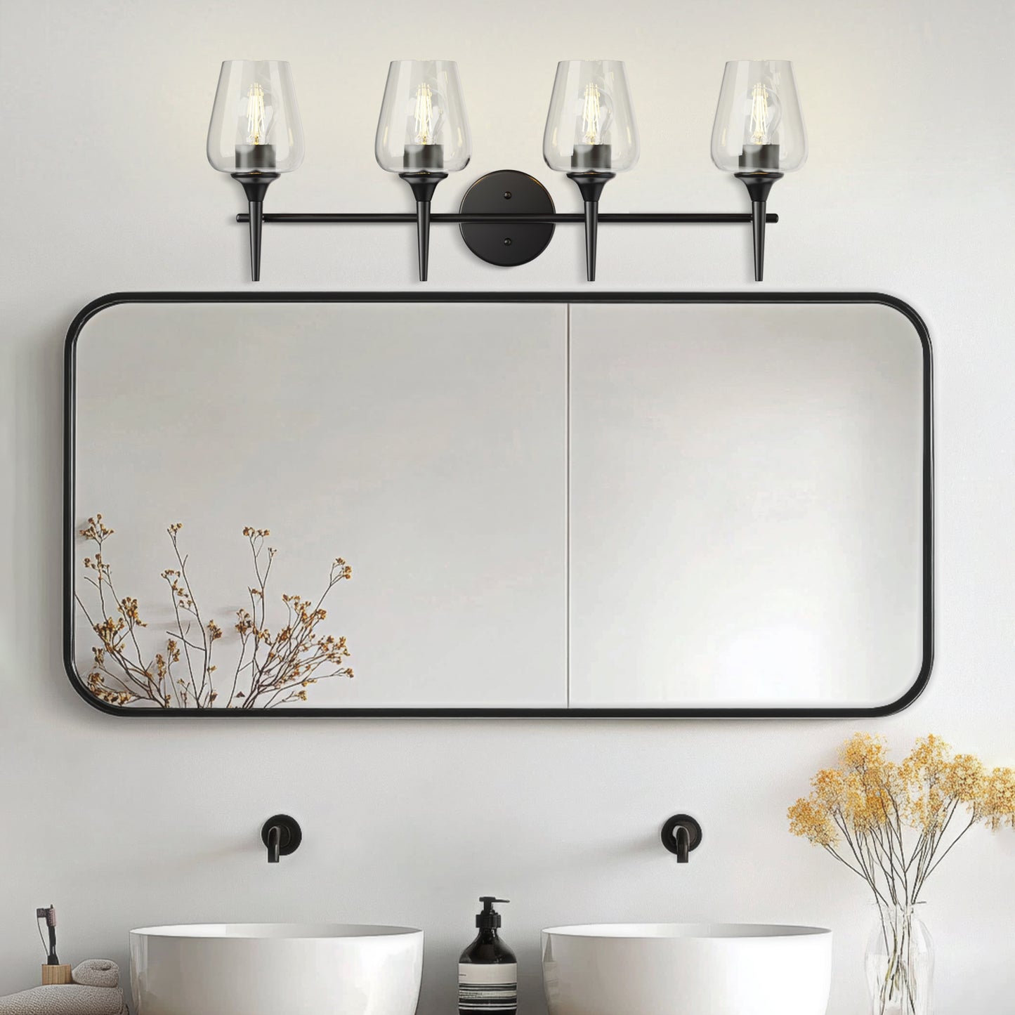 Modern Gold Vanity Lighting Fixture, 4 Light Over Mirror, Wall Lamp with Clear Glass for Bathroom, Hallway, Bedroom with E26 Socket