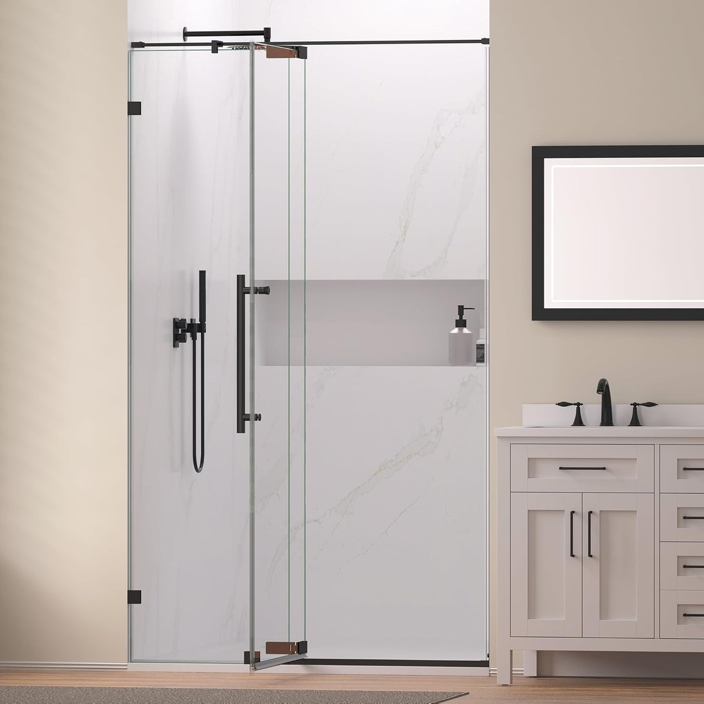44-48" W x 74" H Pivot Swing Shower Door, Pivot Semi-Frameless Glass Shower Door with 1/4"(6mm) Clear SGCC Tempered Glass, Stainless Steel Frame, Matte Black