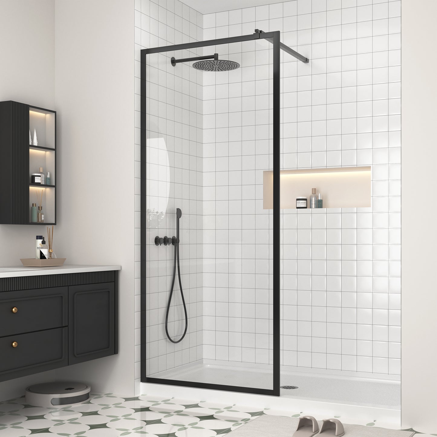 KPUY Shower Glass Panel, 34'' x 74'' H Shower Screen, 1/4" (6mm) Thick Tempered Clear Glass, Fixed Shower Door with Explosion-Proof Film in Matte Black
