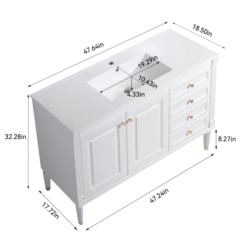 48'' Bathroom Vanity with Top Sink, Bathroom Storage Cabinet with 2 Soft Closing Doors and 3 Drawers, Single Sink Bathroom Vanity. White