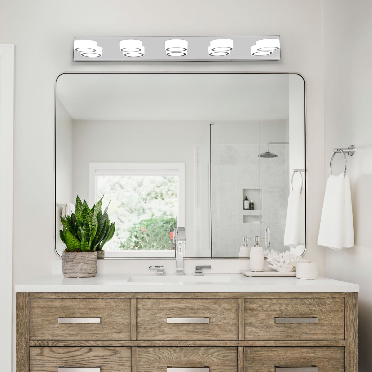 37" Modern 5-Light LED Vanity Light Fixture - Chrome Finish with Acrylic Light Shades - Energy-Efficient Bathroom Wall Sconce - Dimmable for Mirror, Shower, and Bathroom Decor
