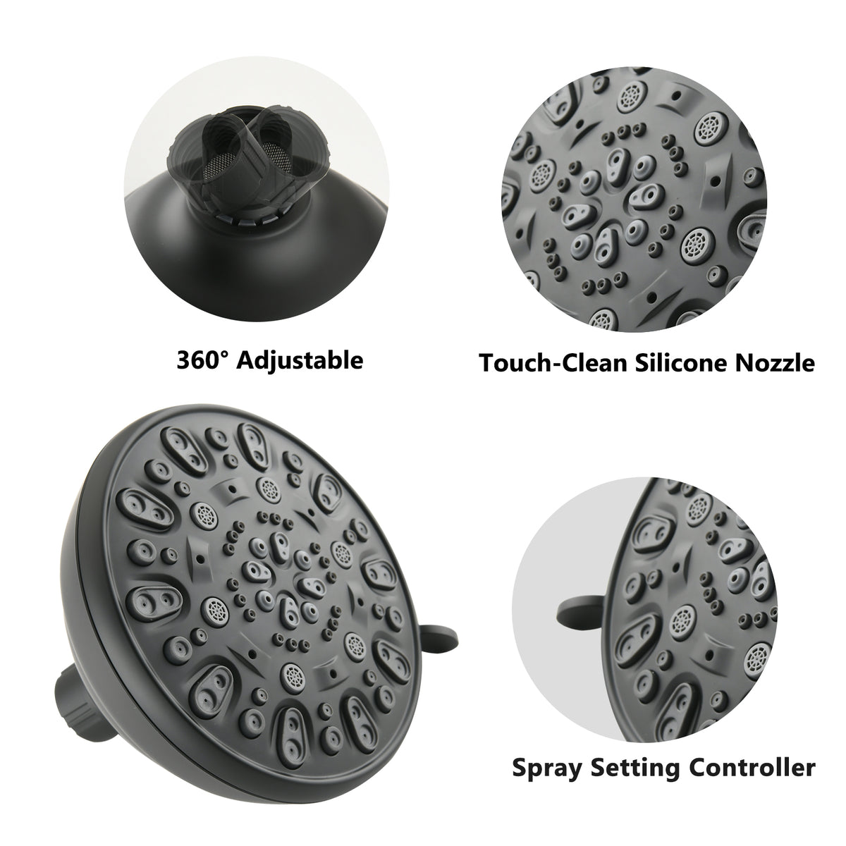 Matte Black high pressure 6-setting 4" shower head - Angle adjustable, clog-proof shower head