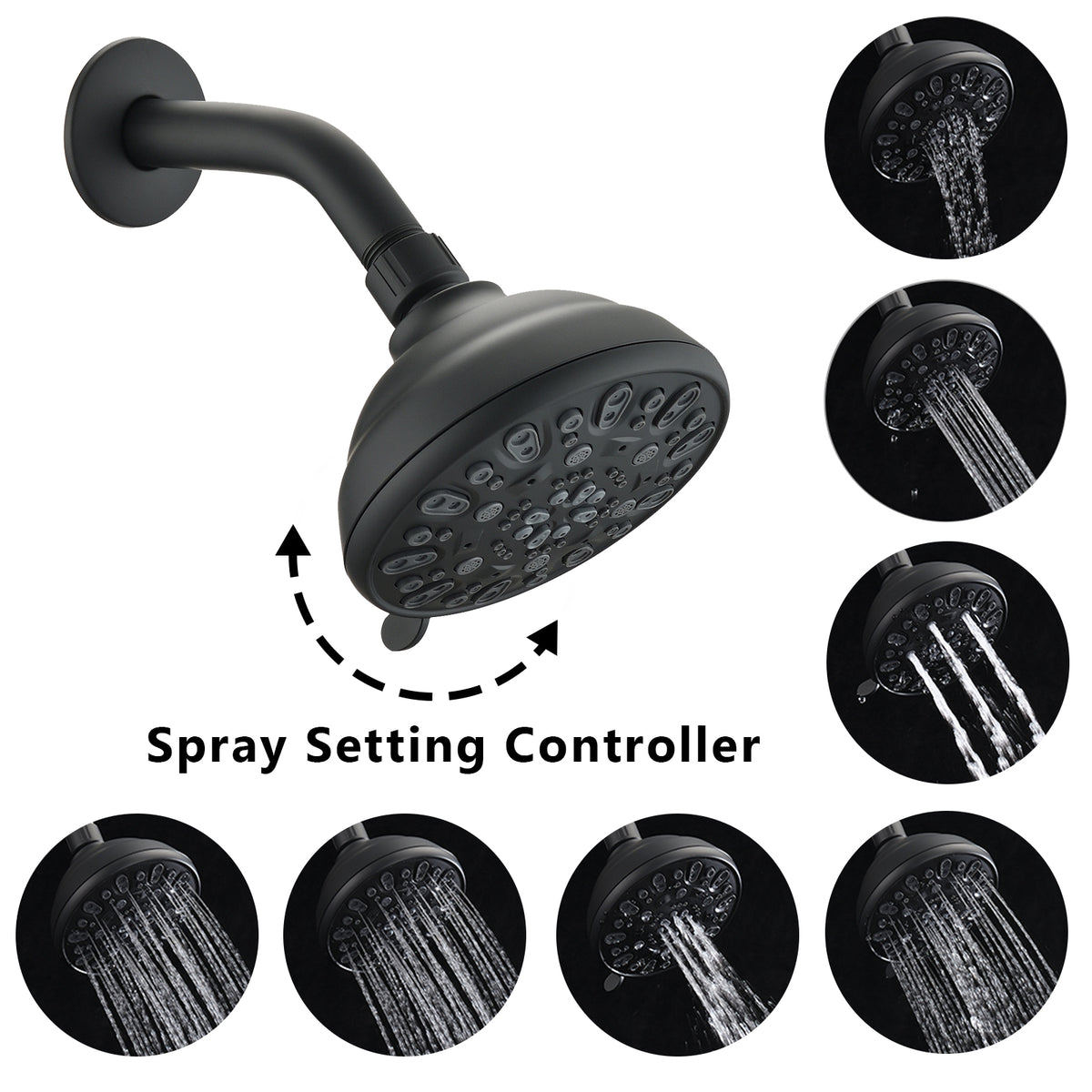 Matte Black high pressure 6-setting 4" shower head - Angle adjustable, clog-proof shower head