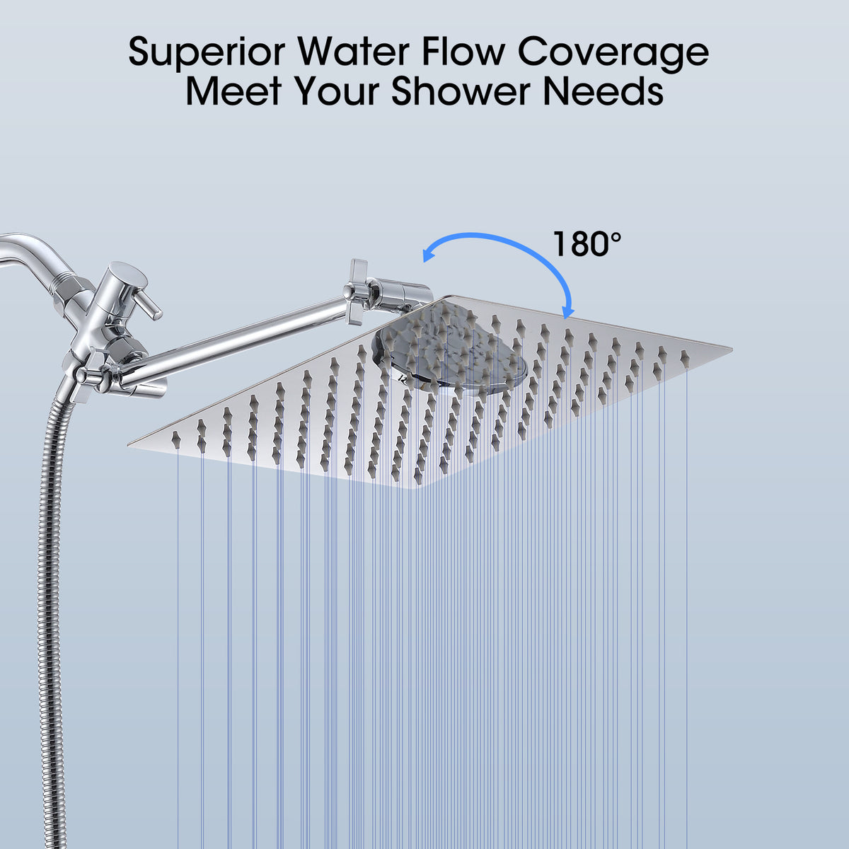 Chrome Shower Head, 10 Inch High Pressure Rainfall Shower Head/Handheld Shower Combo with 11 Inch Extension Arm, 6 Settings Adjustable Anti-leak Shower Head with Holder/Hose, Height/Angle Adjustable