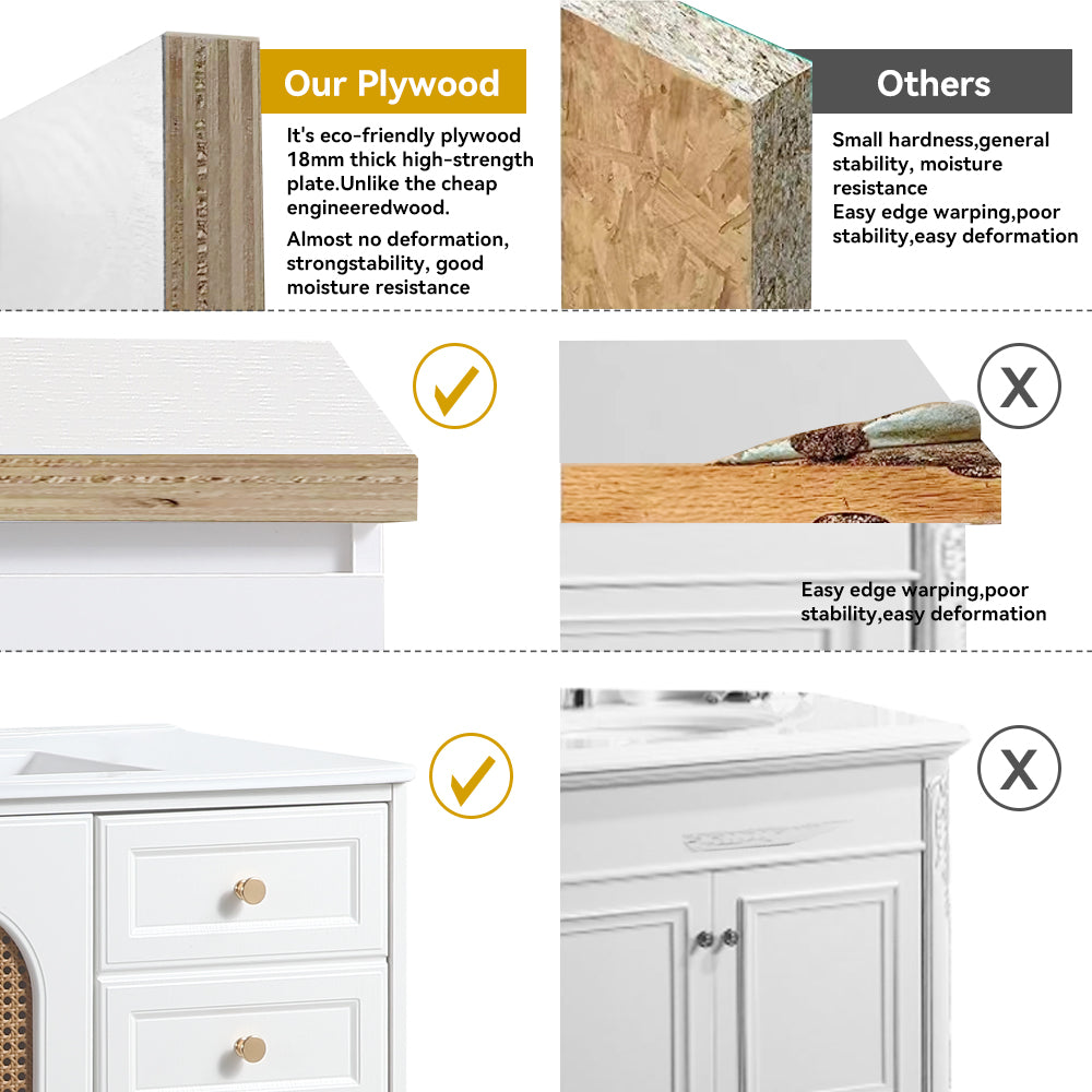 36" Bathroom Vanity with Ceramic Basin, Rattan Bathroom Storage Cabinet with Two Doors and Drawer