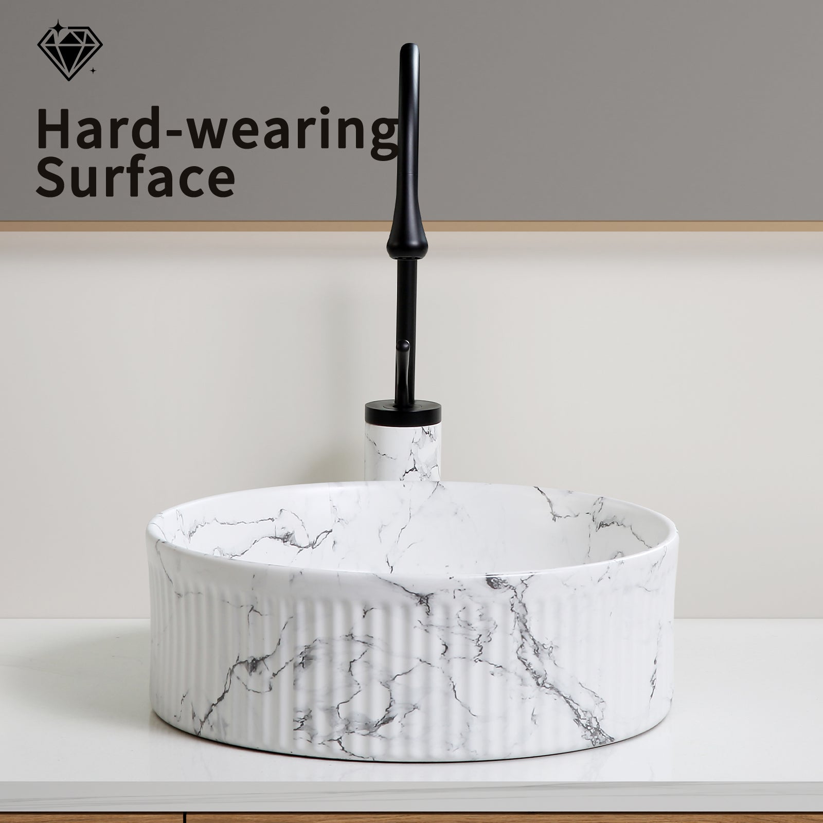 KPUY 15" Round Vessel Sink Set with Faucet & Drain | Black & White Marble Ceramic