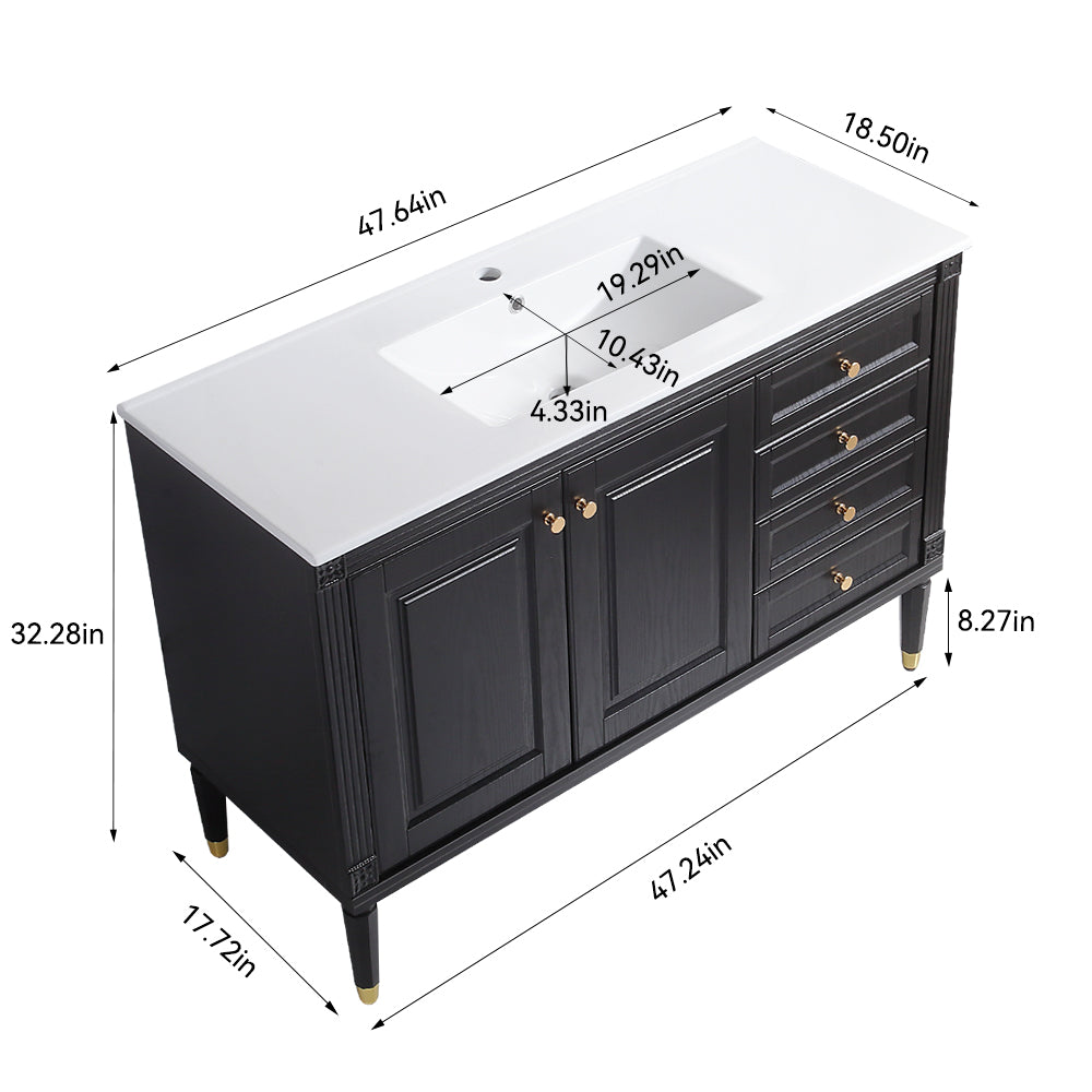 48'' Bathroom Vanity with Top Sink, Bathroom Storage Cabinet with 2 Soft Closing Doors and 3 Drawers, Single Sink Bathroom Vanity. black