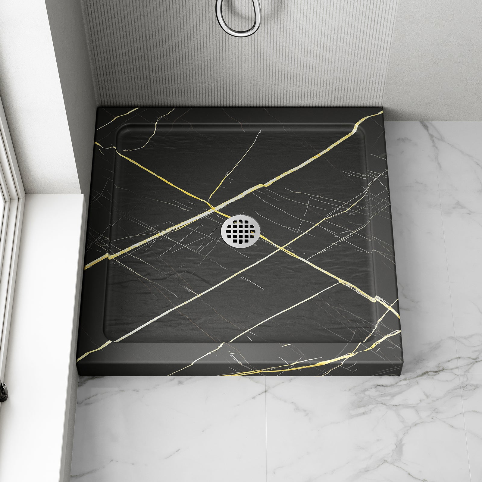 KPUY Square Acrylic/ABS Shower Base Pan with Center Drain, Black Gold Stone-Look