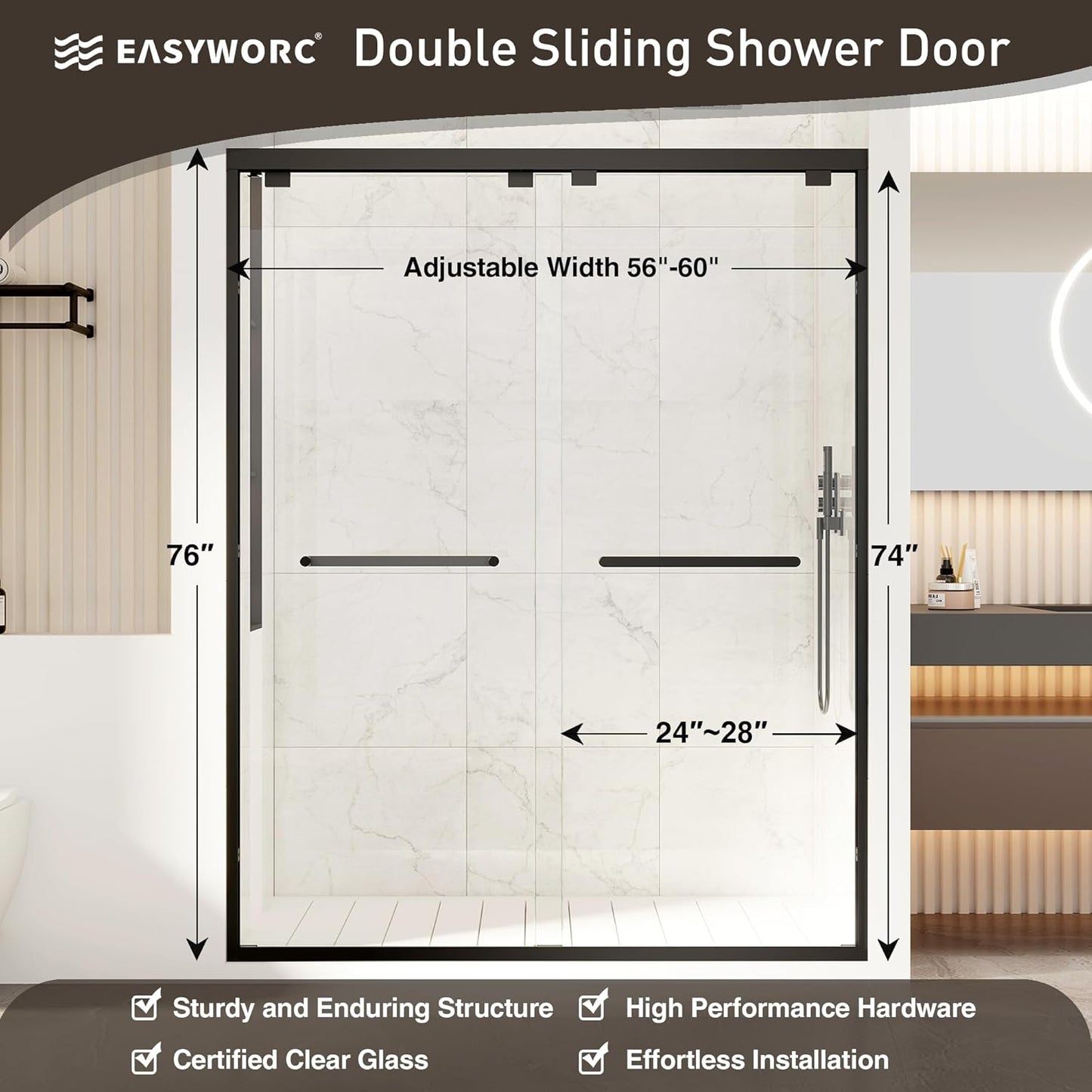 Shower Doors, 56-60" W x 76" H Semi Frame Double Sliding Glass Shower Door, 1/4" (6mm) Clear SGCC Tempered Glass with Explosion-Proof Film, Matte Black