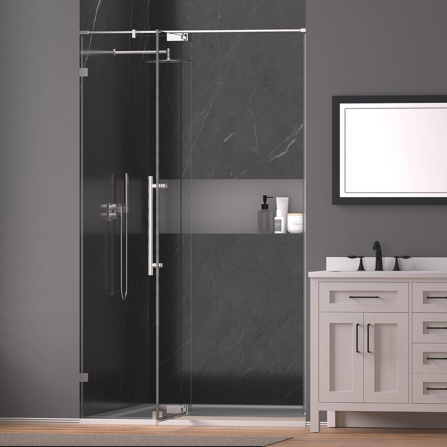 44-48" W x 74" H Pivot Swing Shower Door, Pivot Semi-Frameless Glass Shower Door with 1/4"(6mm) Clear SGCC Tempered Glass, Stainless Steel Frame, Matte Black