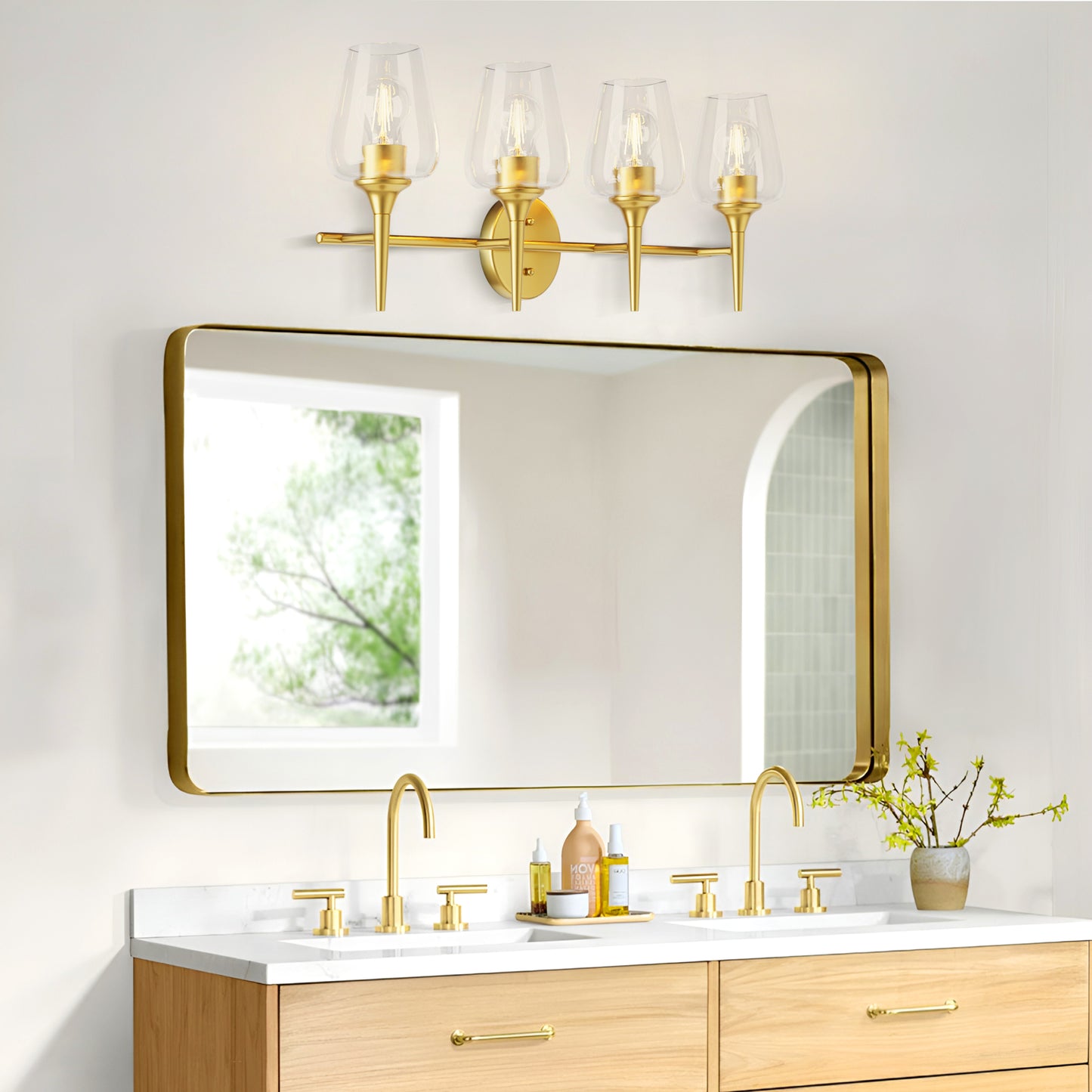 Modern Gold Vanity Lighting Fixture, 4 Light Over Mirror, Wall Lamp with Clear Glass for Bathroom, Hallway, Bedroom with E26 Socket