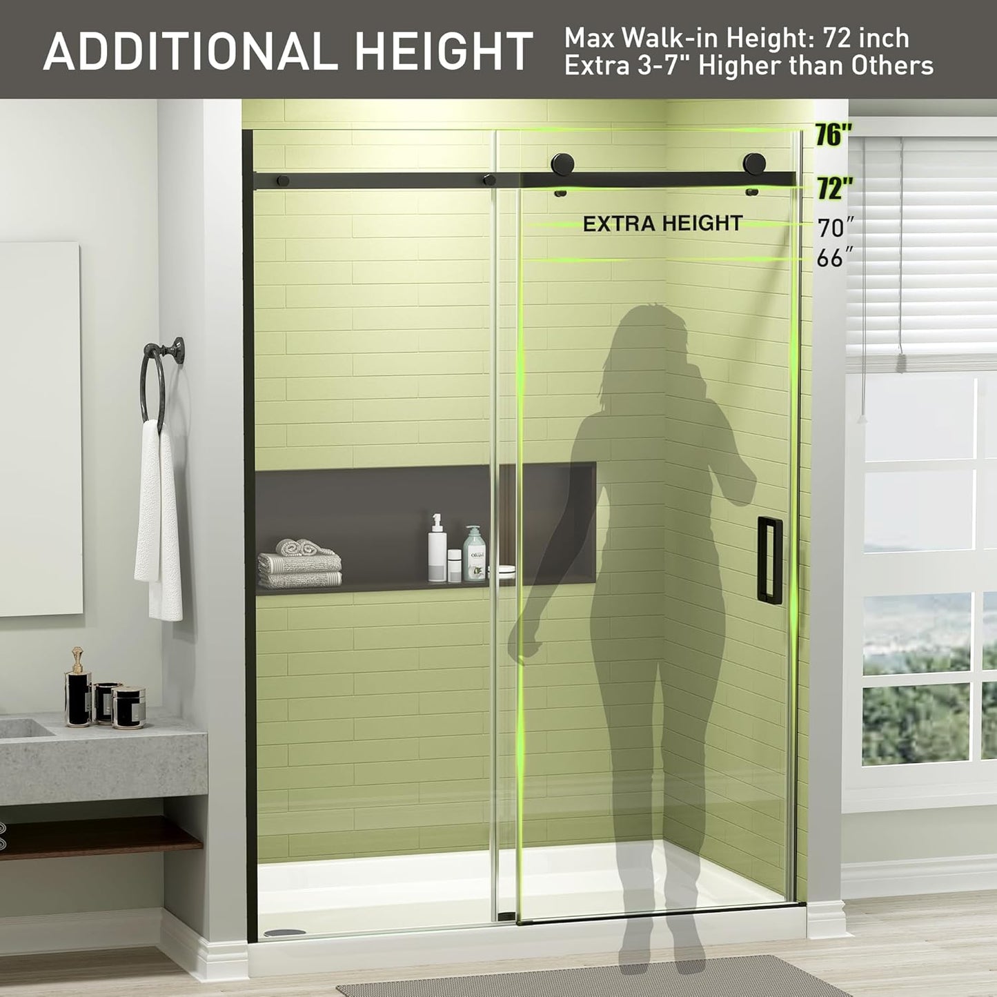 Frameless Shower Door, 50-54" W x 76" H Sliding Glass Shower Door with 1/4" (6mm) Clear Tempered Glass, Reversible Installation, Matte Black