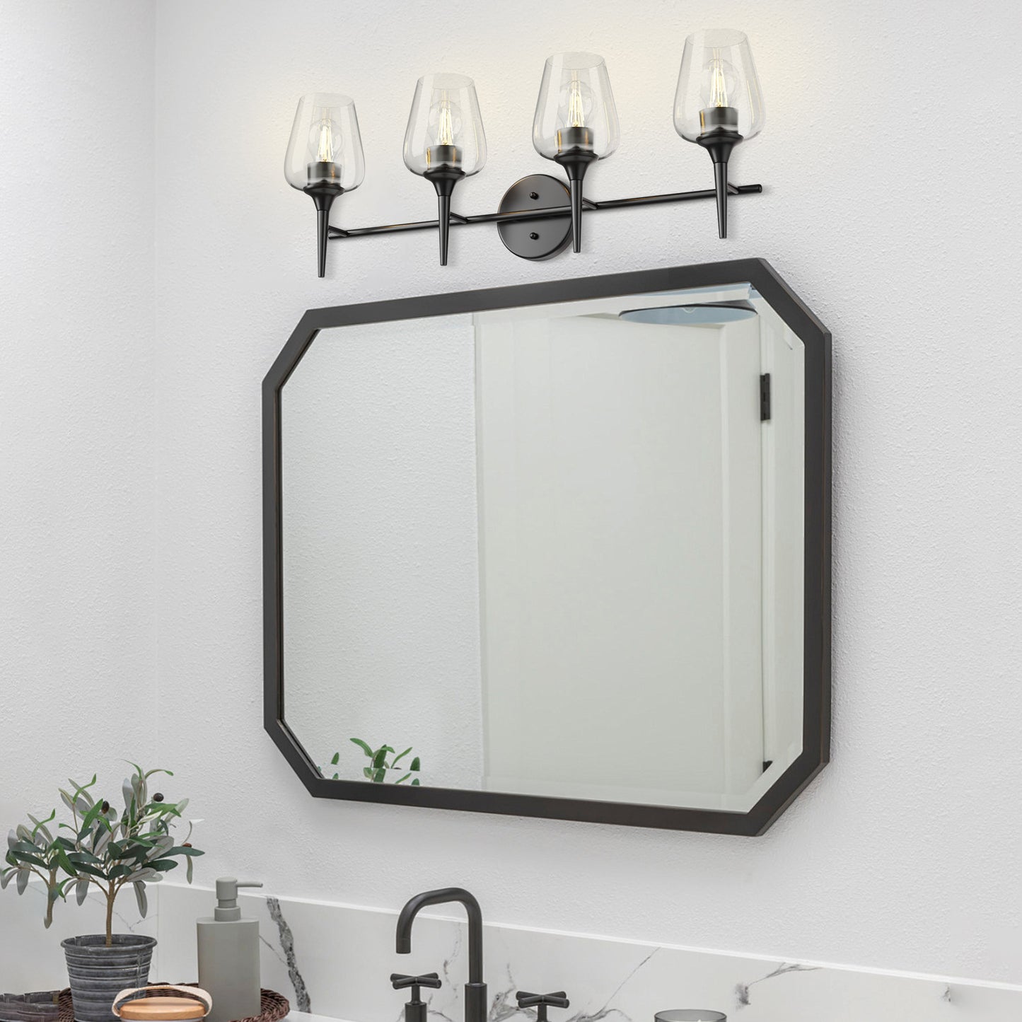 Modern Gold Vanity Lighting Fixture, 4 Light Over Mirror, Wall Lamp with Clear Glass for Bathroom, Hallway, Bedroom with E26 Socket
