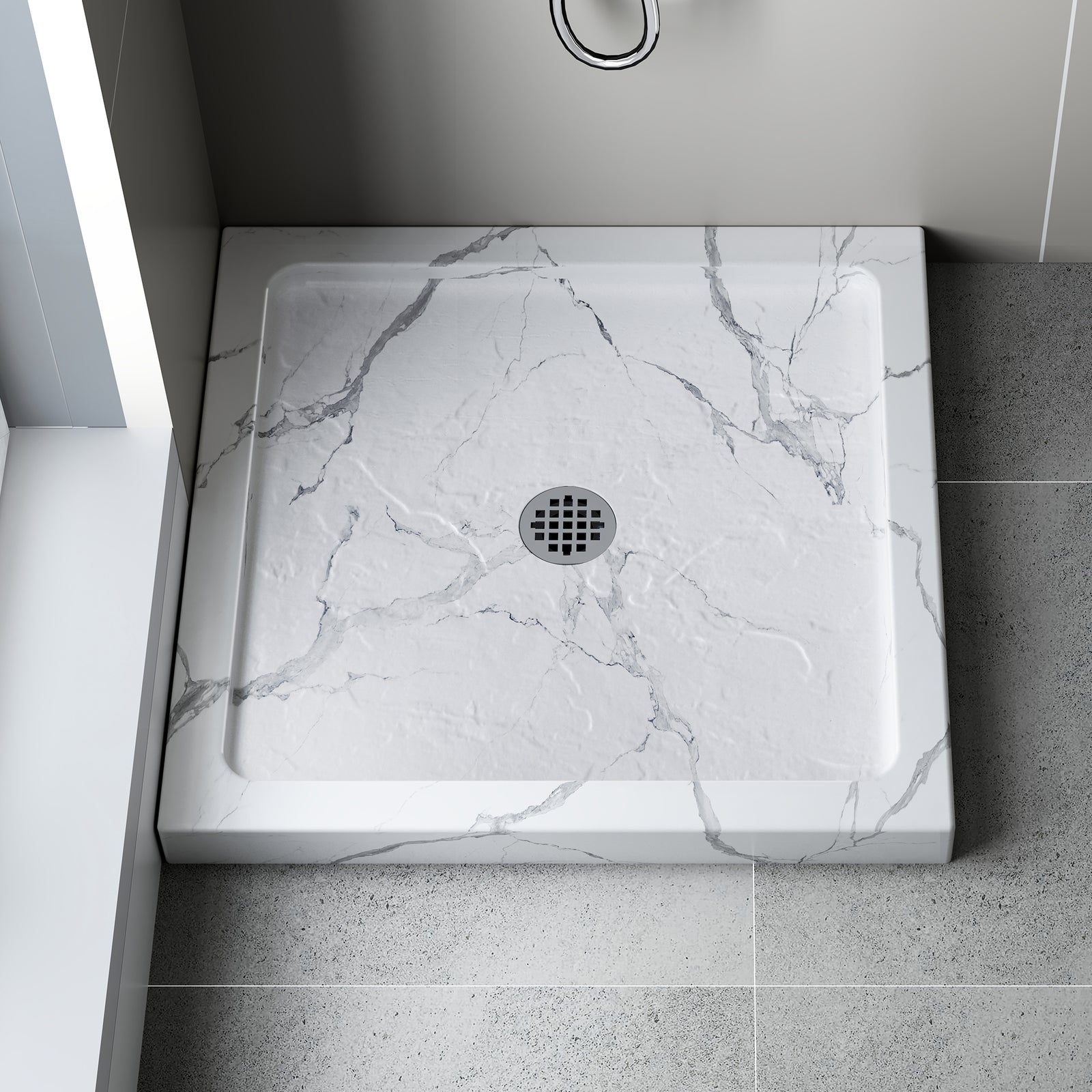 KPUY Square Acrylic/ABS Shower Base Pan with Center Drain, Carrara White Stone-Look