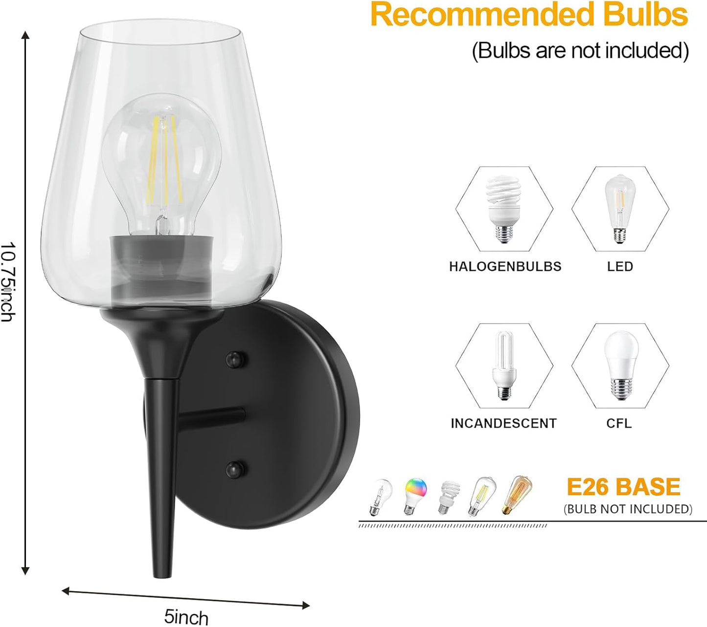 Modern Black Vanity Light Fixture - 1 Light Bathroom Wall Lamp with Clear Glass, Perfect for Over Mirror, Hallway, or Bedroom with E26 Socket