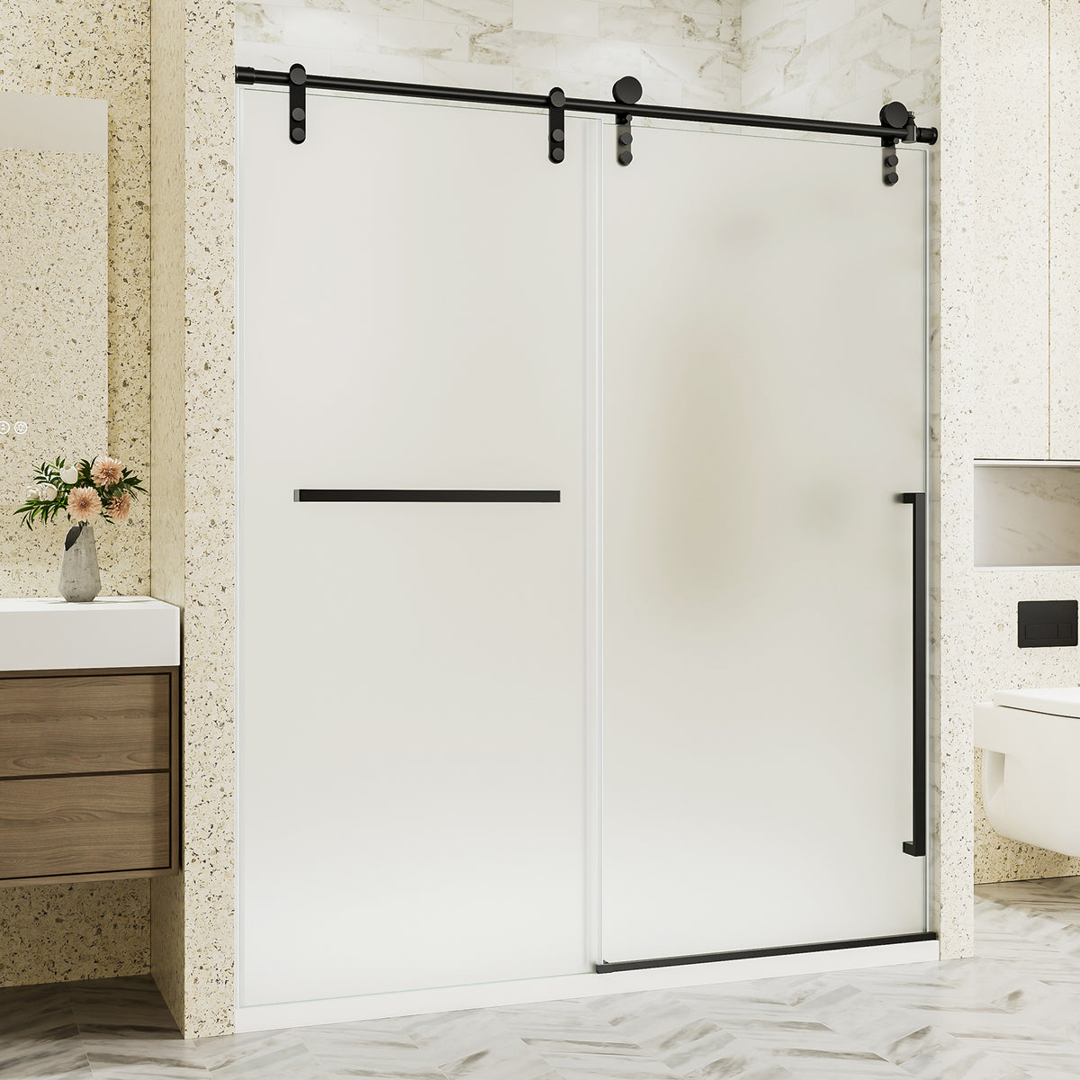 56"-60" W x 75" H Frameless Sliding Shower Door, Matte Black Shower Screen, 5/16" (8mm) Frosted Ultra-Clear Nano-Coated Tempered Glass