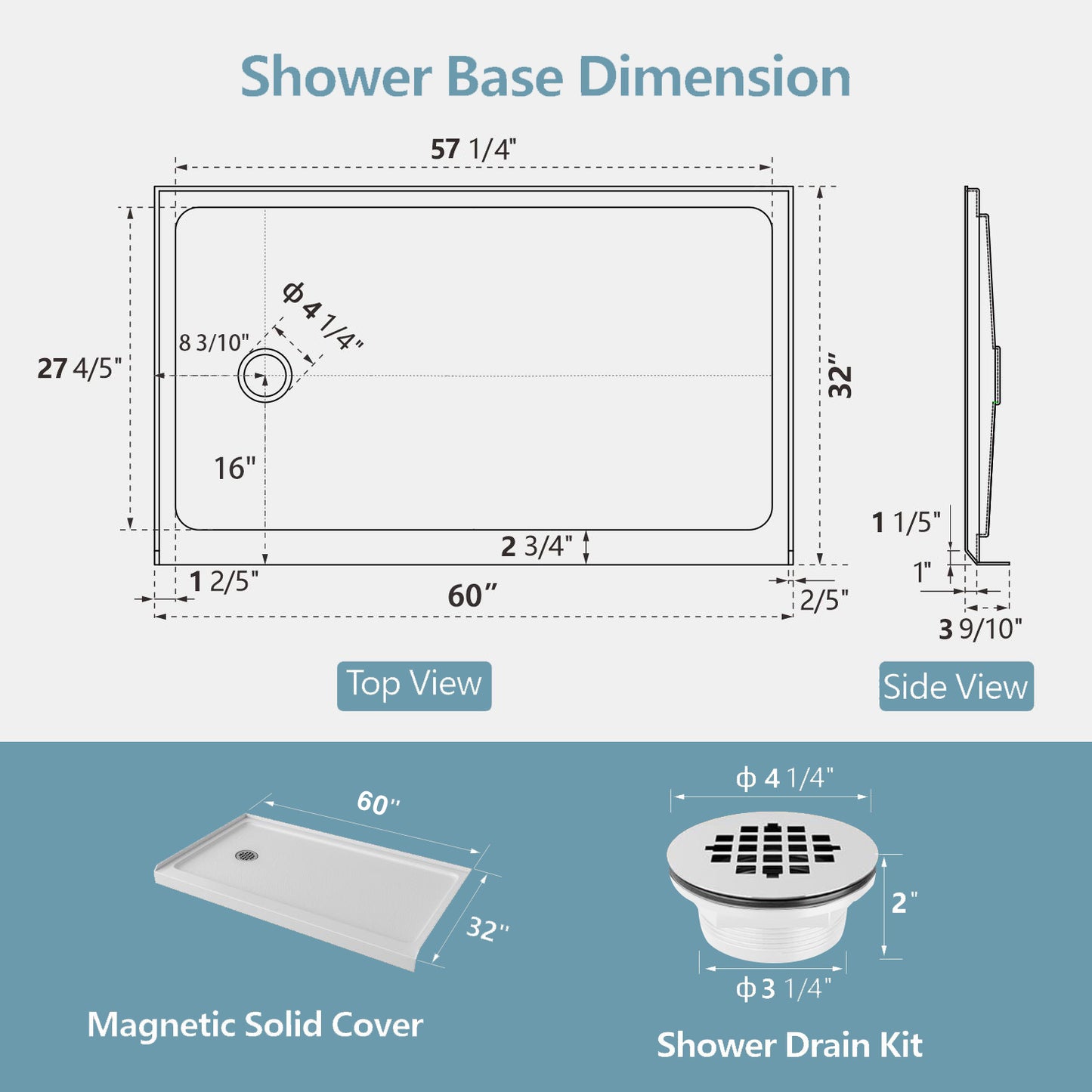 KPUY Shower Base, 60'' L X 32'' W Shower Base Pan with Single Threshold and Left Drain, Shower Pan with Slip Resistant Textured Surface, White Acrylic Shower Base