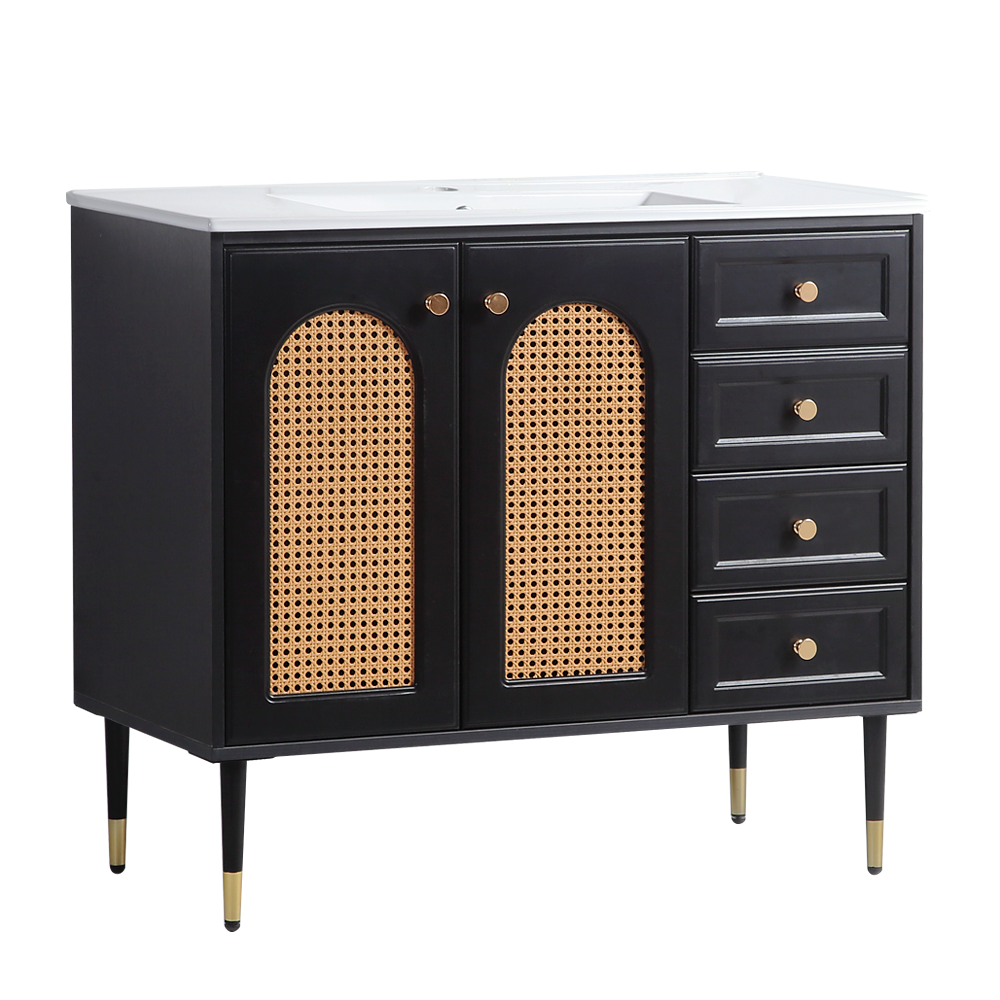 36" Bathroom Vanity with Ceramic Basin, Rattan Bathroom Storage Cabinet with Two Doors and Drawer