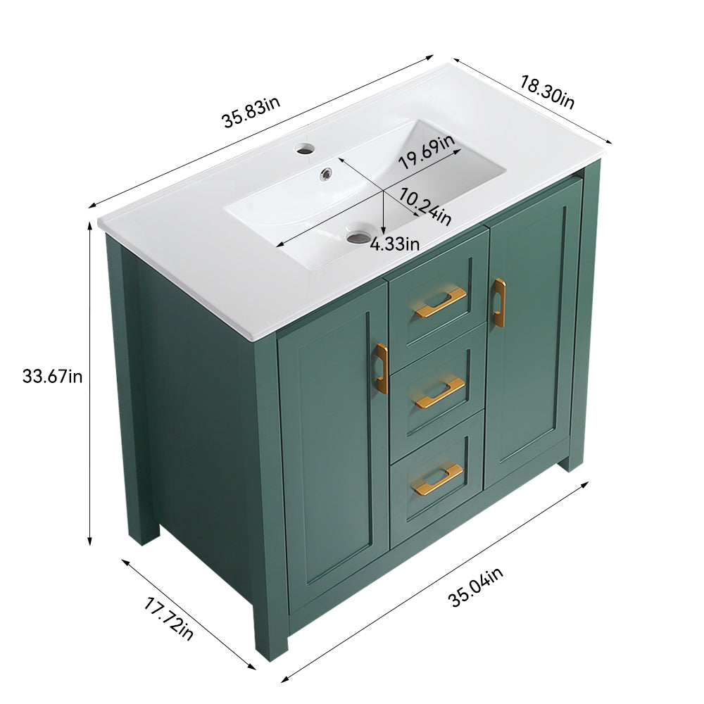 36"Green Bathroom Vanity with Single Sink, Combo Cabinet Undermount Sink, Bathroom Storage Cabinet with 2 Doors and 2 Drawer, Soft Closing, Multifunctional Storage