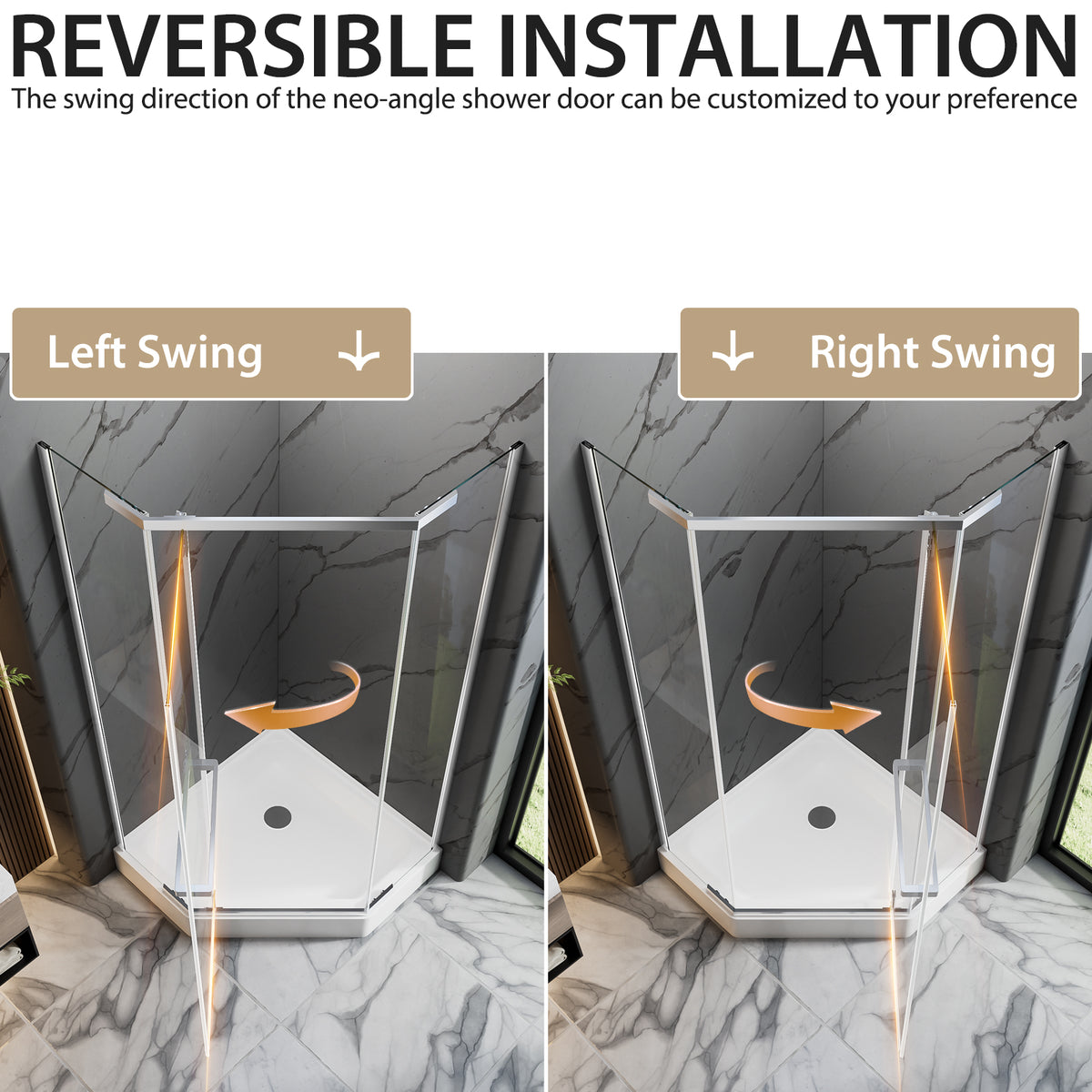 36"D X 36"W X 72"H Neo-Angle Shower Door, Corner Shower Door, 1/4" Tempered Glass With Explosion-Proof Film, Chrome Stainless Steel Frame