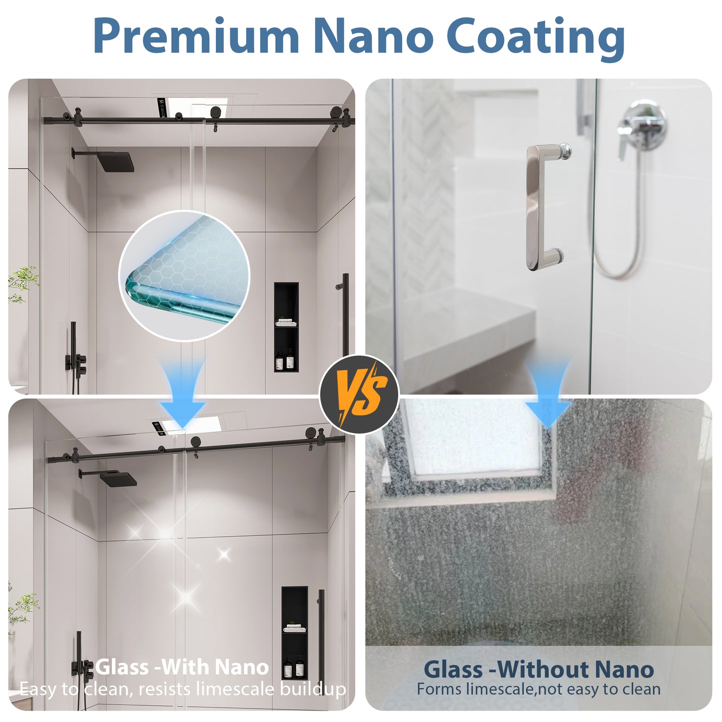 KPUY S9811B Frameless Shower Door, 44-48" W x 76" H Sliding Glass Shower Door, 1/4" (6mm) Thick Tempered Clear Glass with Explosion-Proof Film Nano Coating, Stainless Steel Hardware, Matte Black