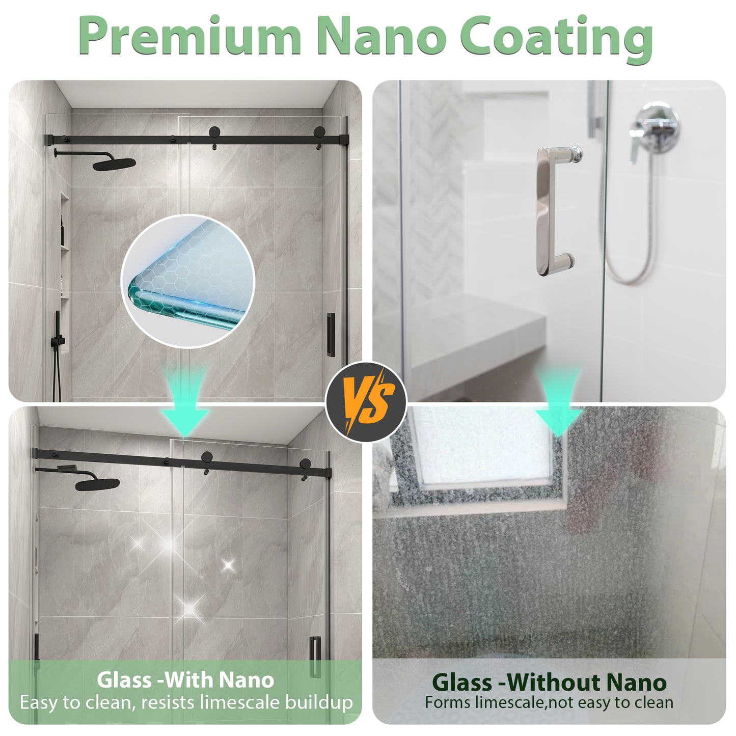 KPUY S9711B Frameless Shower Door, 44-48" W x 76" H Sliding Glass Shower Door, 1/4" (6mm) Thick Tempered Clear Glass with Explosion-Proof Film Nano Coating in Matte Black Finish