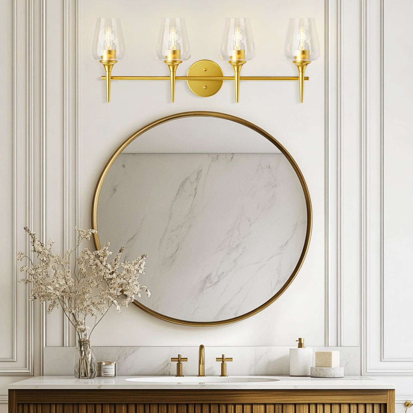Modern Gold Vanity Lighting Fixture, 4 Light Over Mirror, Wall Lamp with Clear Glass for Bathroom, Hallway, Bedroom with E26 Socket