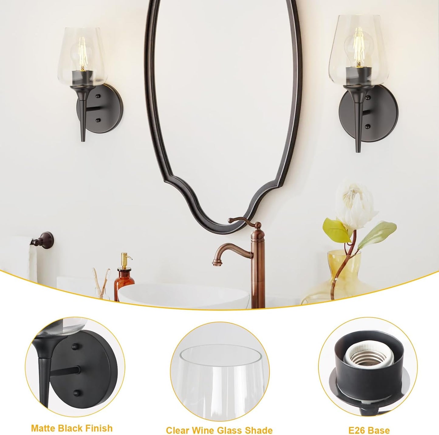 Modern Black Vanity Light Fixture - 1 Light Bathroom Wall Lamp with Clear Glass, Perfect for Over Mirror, Hallway, or Bedroom with E26 Socket