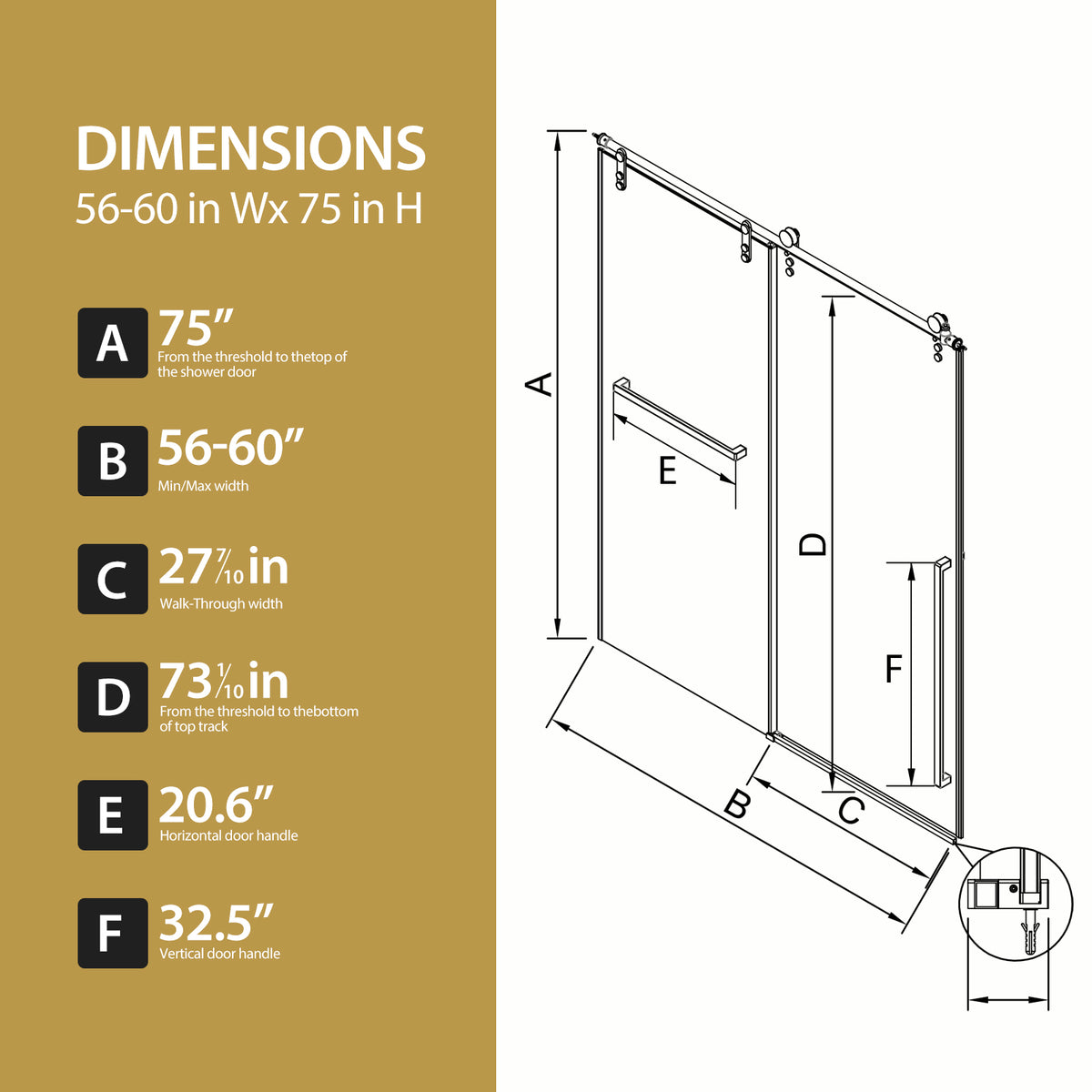 56"-60" W x 75" H Frameless Sliding Shower Door, Matte Black Shower Screen, 5/16" (8mm) Frosted Ultra-Clear Nano-Coated Tempered Glass