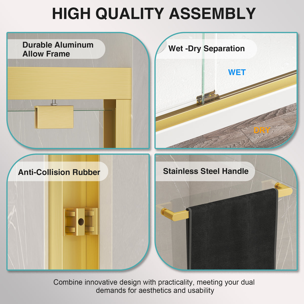 KPUY Double Sliding Glass Shower Door, 76" H, 1/4" Tempered Glass, Brushed Gold