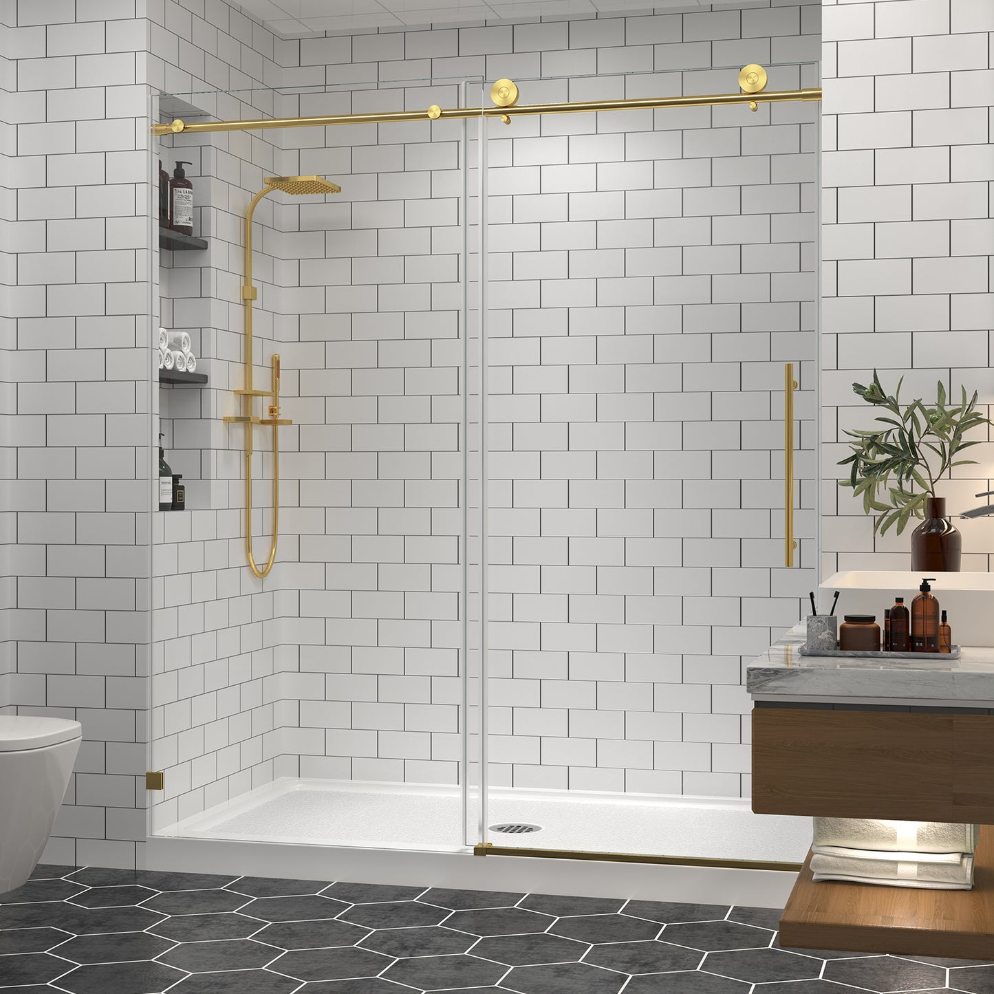 KPUY 2517 Black/Silver/Gold Frameless Shower Door, Sliding Glass Shower Door, 5/16" (8mm) Thick Tempered Clear Glass with Explosion-Proof Film Nano Coating, Stainless Steel Hardware