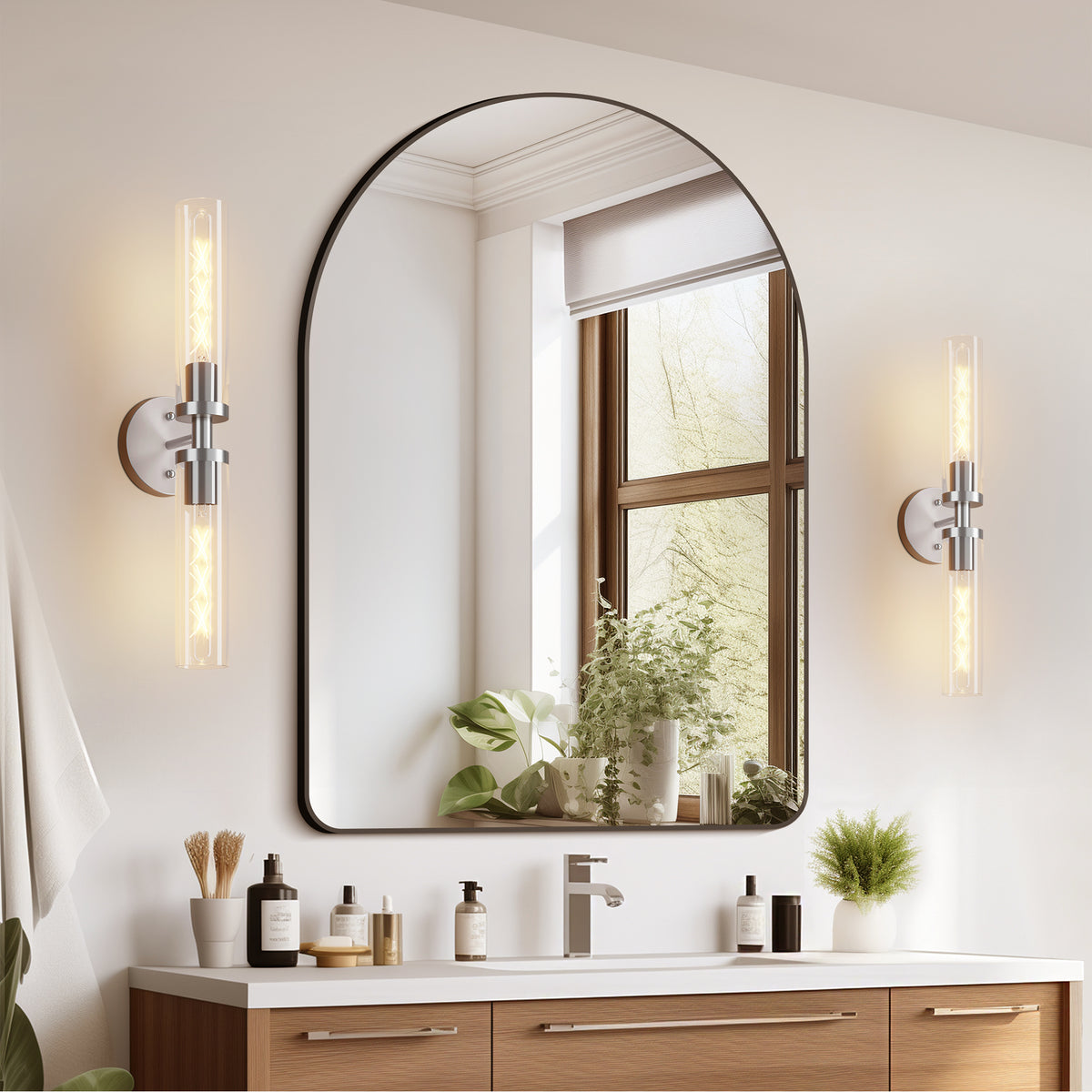 Wall Sconces Set of Two, Hardwired Brushed Nickel Bathroom Sconces Wall Lighting with Clear Glass, Modern Sconces Wall Decor Set of 2 Wall Light fixtures for Mirror Hallway (Bulbs Not Included)