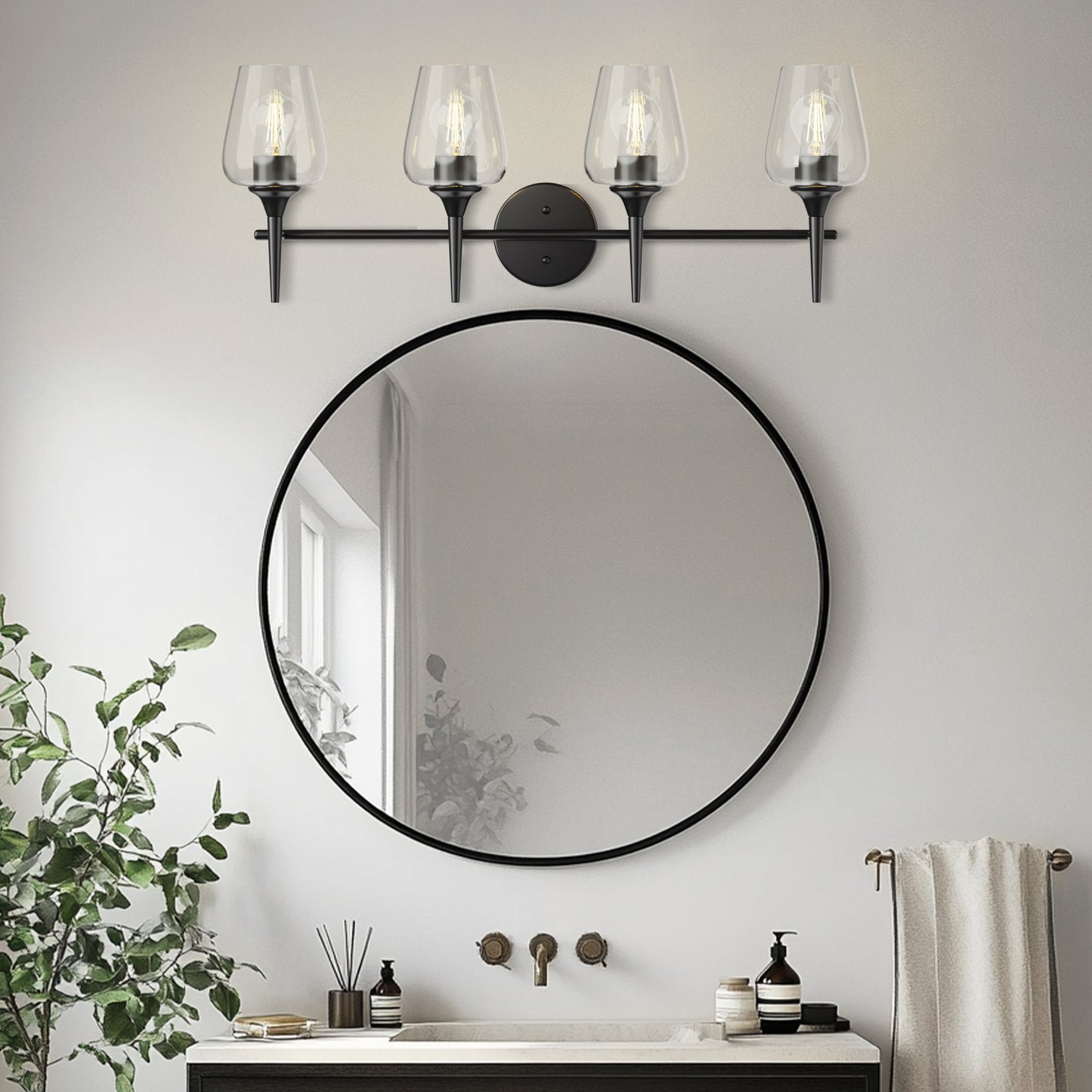 Modern Gold Vanity Lighting Fixture, 4 Light Over Mirror, Wall Lamp with Clear Glass for Bathroom, Hallway, Bedroom with E26 Socket