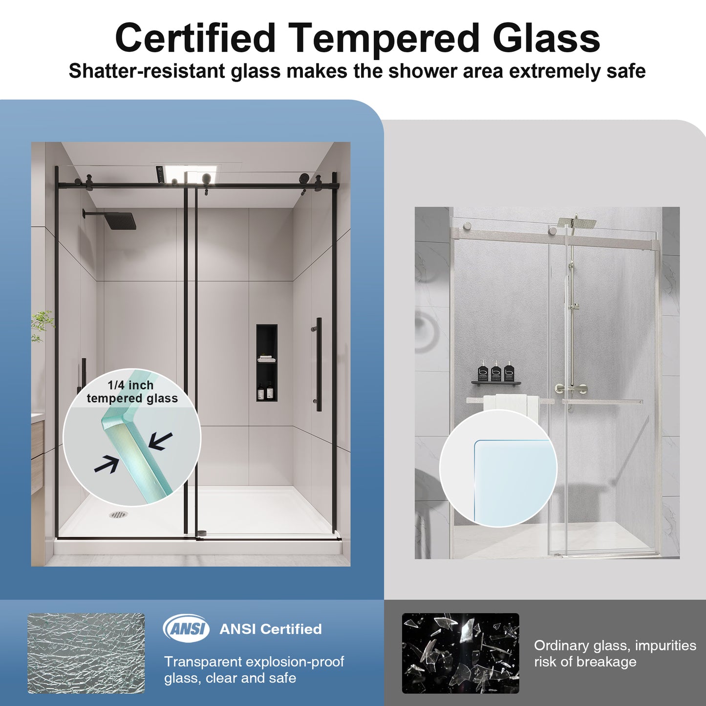 KPUY S9811 Frameless Shower Door, 56-60" W x 76" H Sliding Glass Shower Door, 1/4" (6mm) Thick Tempered Clear Glass with Explosion-Proof Film Nano Coating, Stainless Steel Hardware, Matte Black