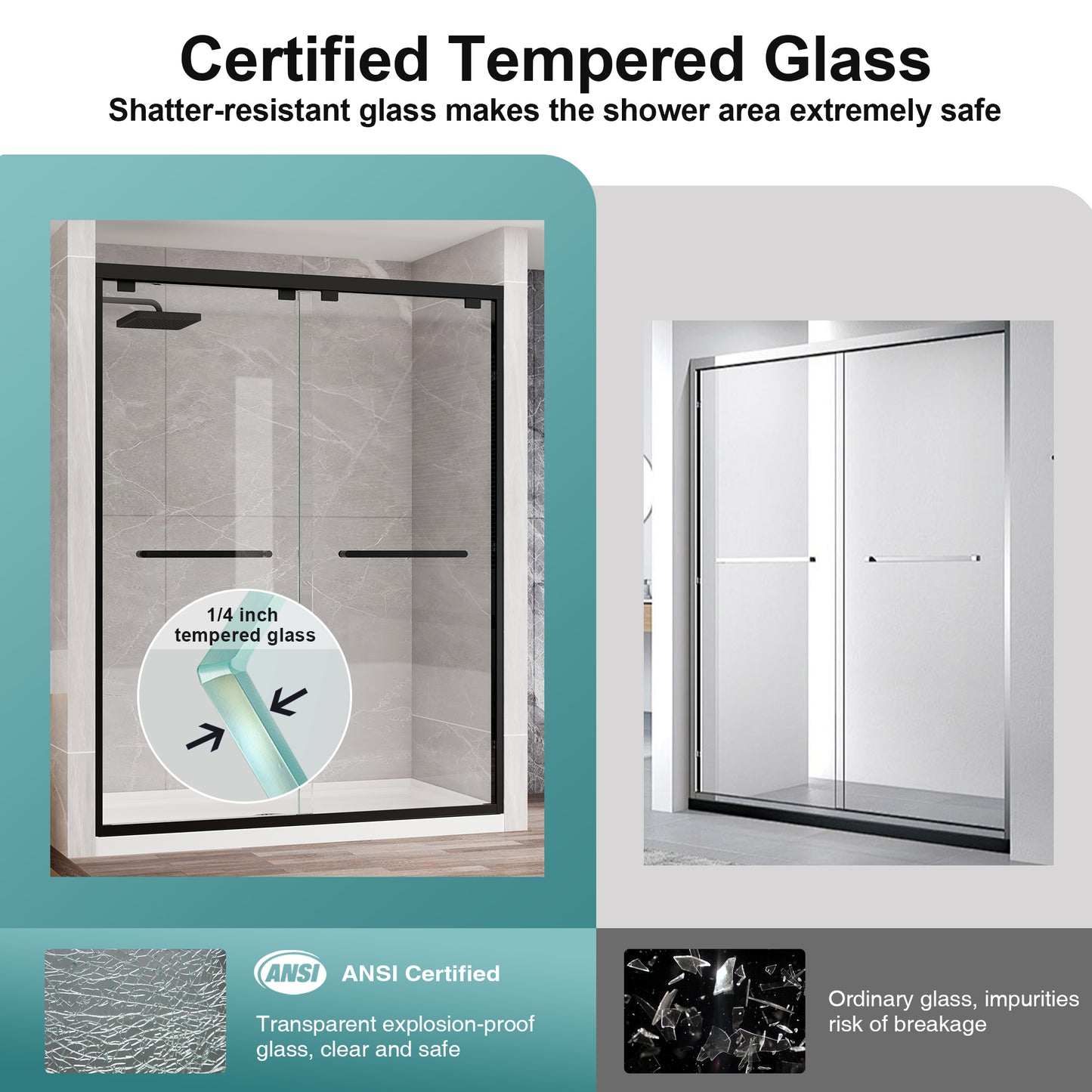 KPUY S0102 Glass Shower Door, 56-60" W x 76" H Semi-Frameless Shower Door, Double Sliding Shower Door with 1/4" (6mm) Thick Tempered Clear Glass, Shower Glass Door with Explosion-Proof Film in Matte Black