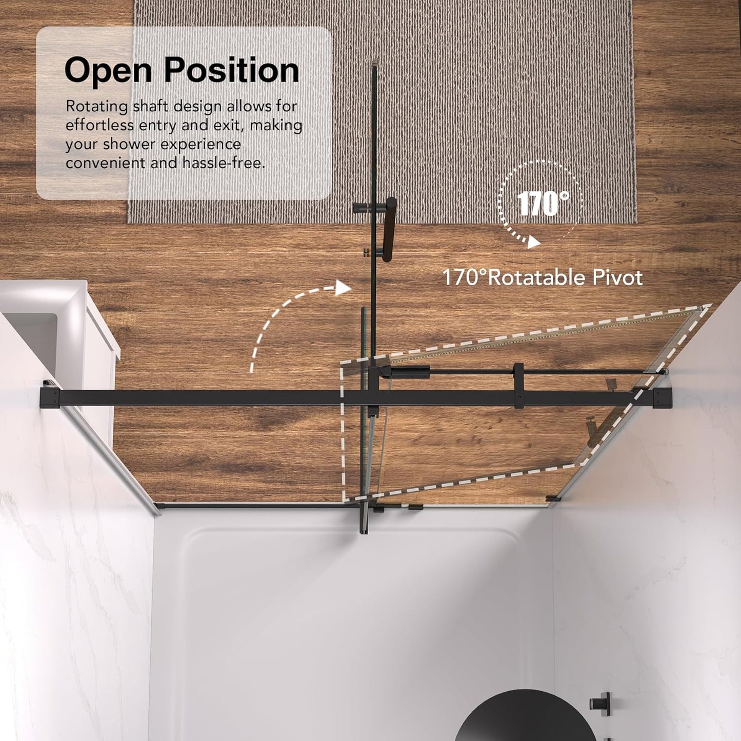 44-48" W x 74" H Pivot Swing Shower Door, Pivot Semi-Frameless Glass Shower Door with 1/4"(6mm) Clear SGCC Tempered Glass, Stainless Steel Frame, Matte Black
