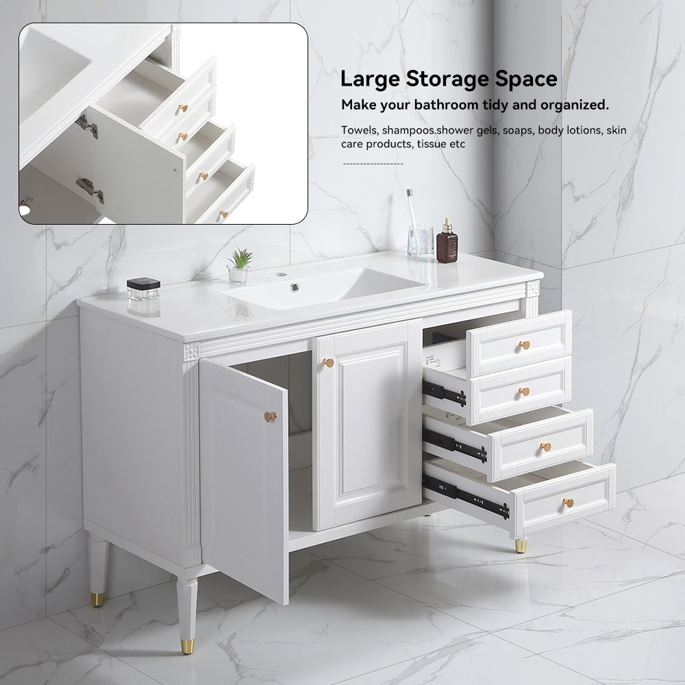 48'' Bathroom Vanity with Top Sink, Bathroom Storage Cabinet with 2 Soft Closing Doors and 3 Drawers, Single Sink Bathroom Vanity. White