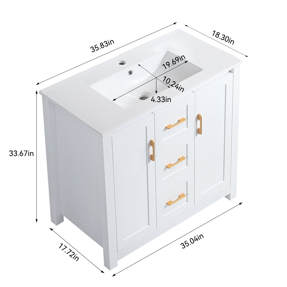 36"White Bathroom Vanity with Single Sink, Combo Cabinet Undermount Sink, Bathroom Storage Cabinet with 2 Doors and 2 Drawer, Soft Closing, Multifunctional Storage