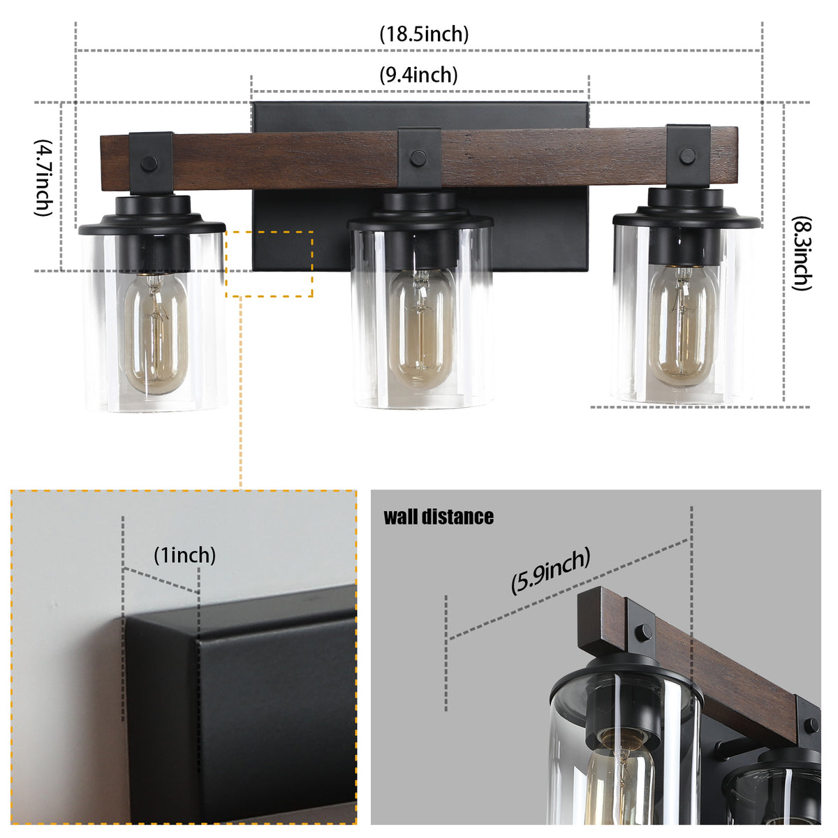 19" Rustic 3-Light Vanity Light, Industrial Bathroom Wall Sconce with Glass Shades and Wood Accent, Modern Farmhouse Lighting Fixture (No Bulbs)