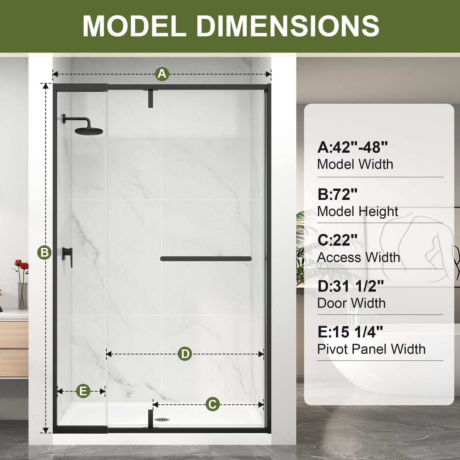 Semi-Frameless Pivot Shower Door Series – Adjustable 36"–48" W x 72" H Glass Shower Door