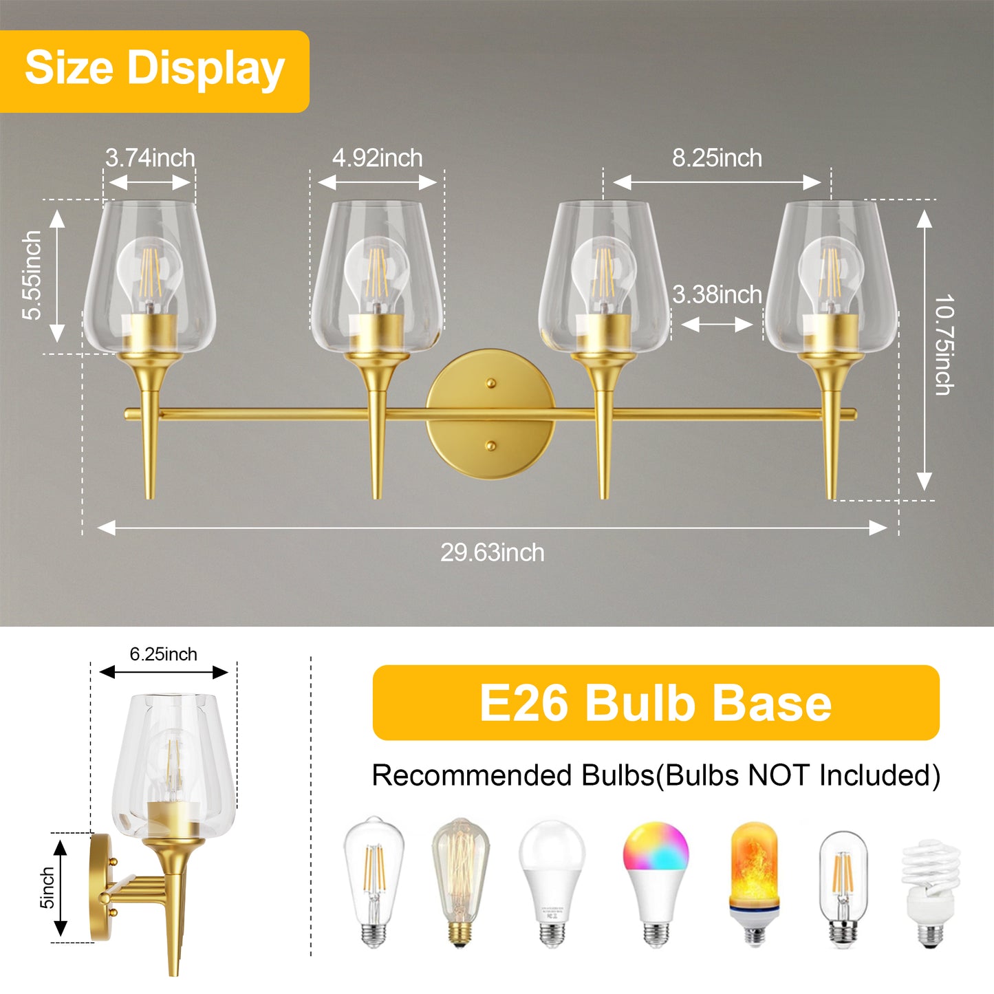 Modern Gold Vanity Lighting Fixture, 4 Light Over Mirror, Wall Lamp with Clear Glass for Bathroom, Hallway, Bedroom with E26 Socket