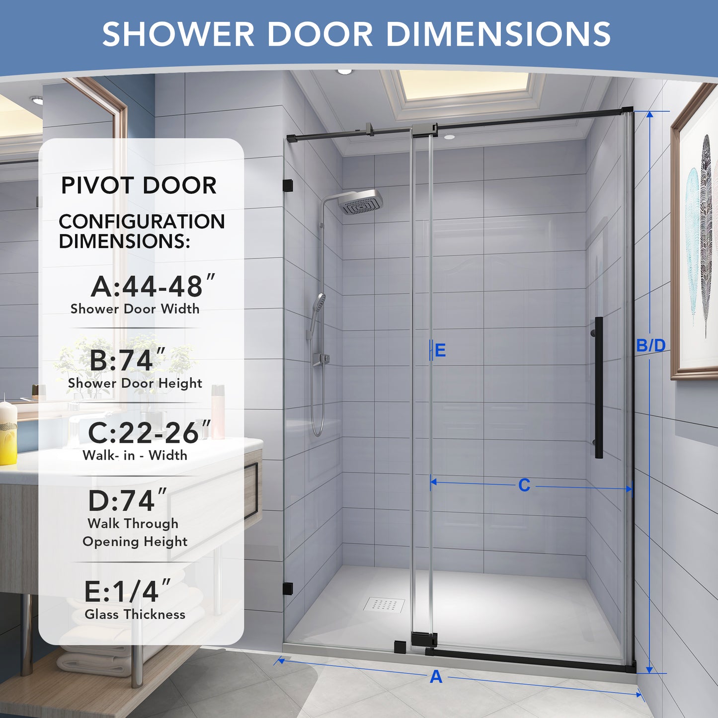 KPUY 9511 Pivot Shower Door, 50-54" W x 74" H Pivot Semi-Frameless Shower Door, 1/4" (6mm) Tempered Glass with Explosion-Proof Film Nano Coating, Stainless Steel Hardware, Matte Black
