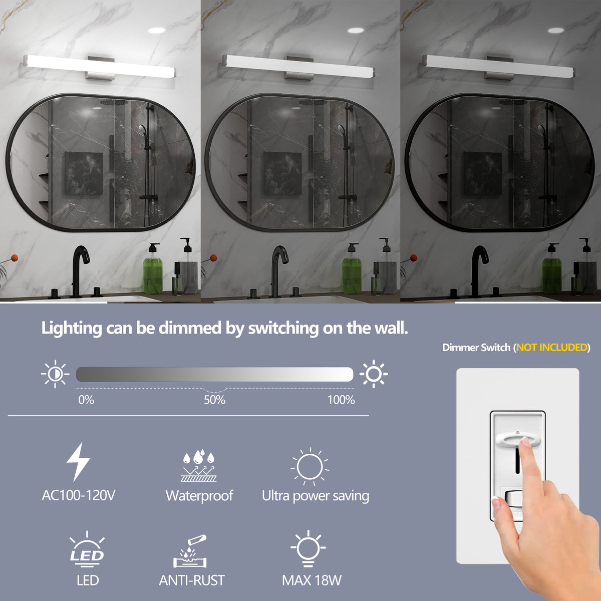 Bathroom Vanity Light Brushed Nickel Square LED 33inch 18W 6000K Cool White Light Wall Bar Lighting Fixtures Over Mirror