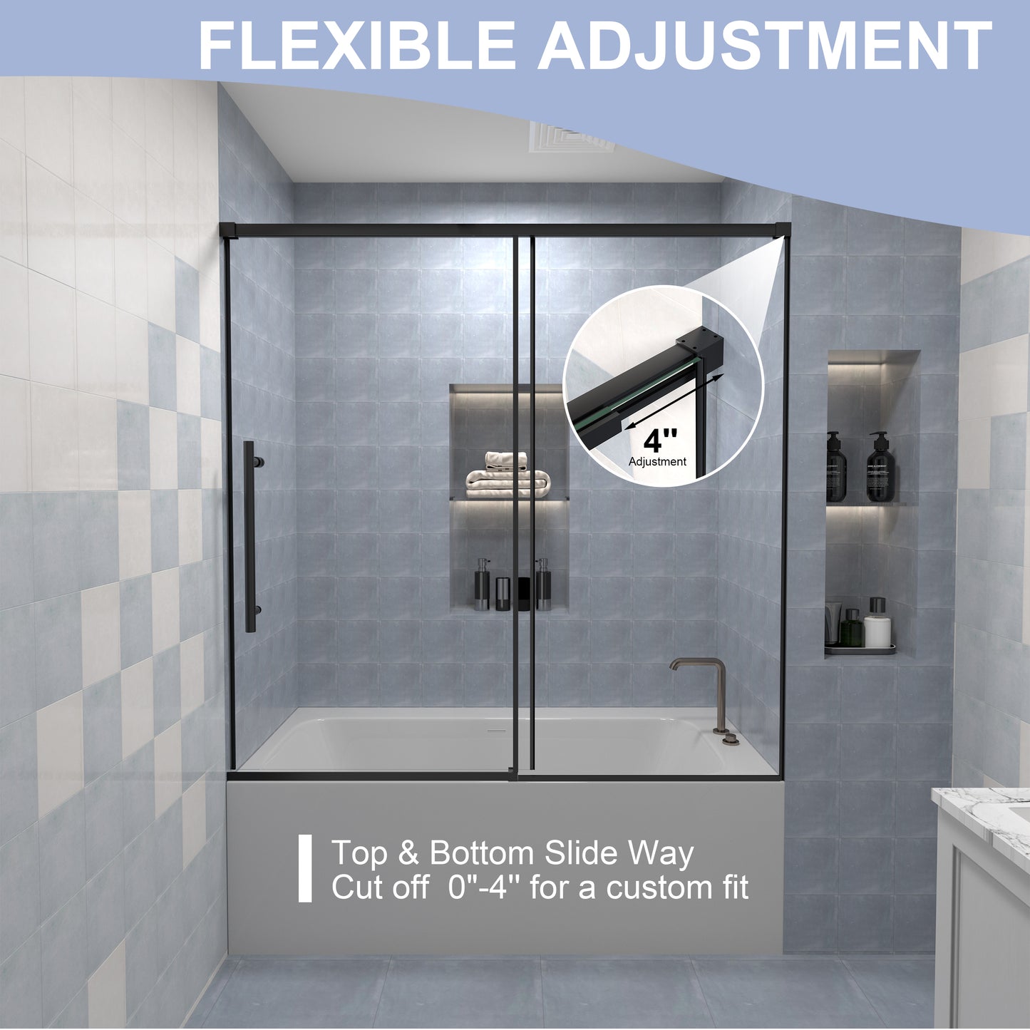 KPUY S0211 Bathtub Shower Door, 56-60" W x 58" H Sliding Shower Door for Bathtub, 1/4" (6mm) Thick Tempered Clear Glass with Explosion-Proof Film Nano Coating in Matte Black Finish