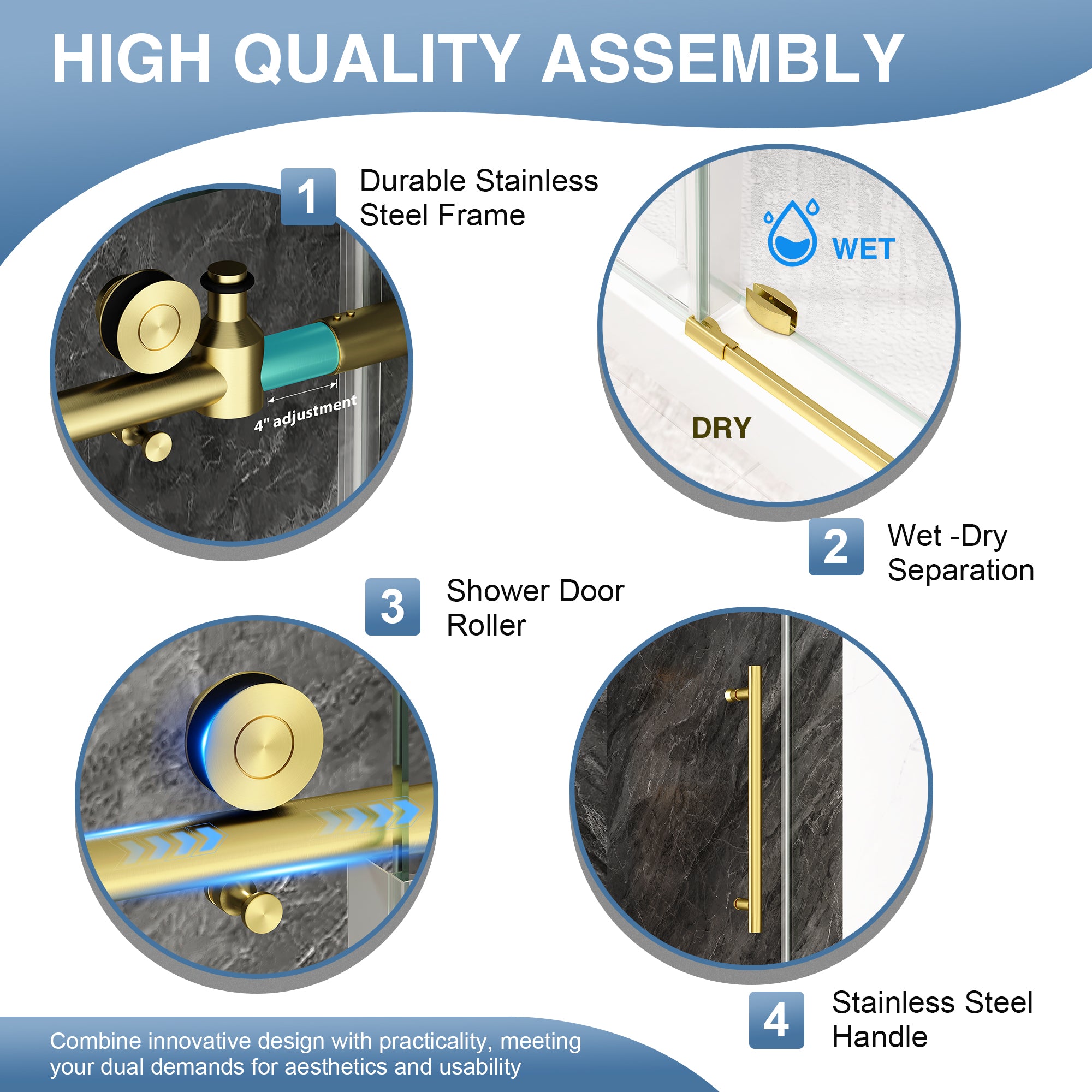 Brushed Gold Sliding Shower Door, Semi-Frameless, 55–60 in. W x 76 in. H, Model S9811B