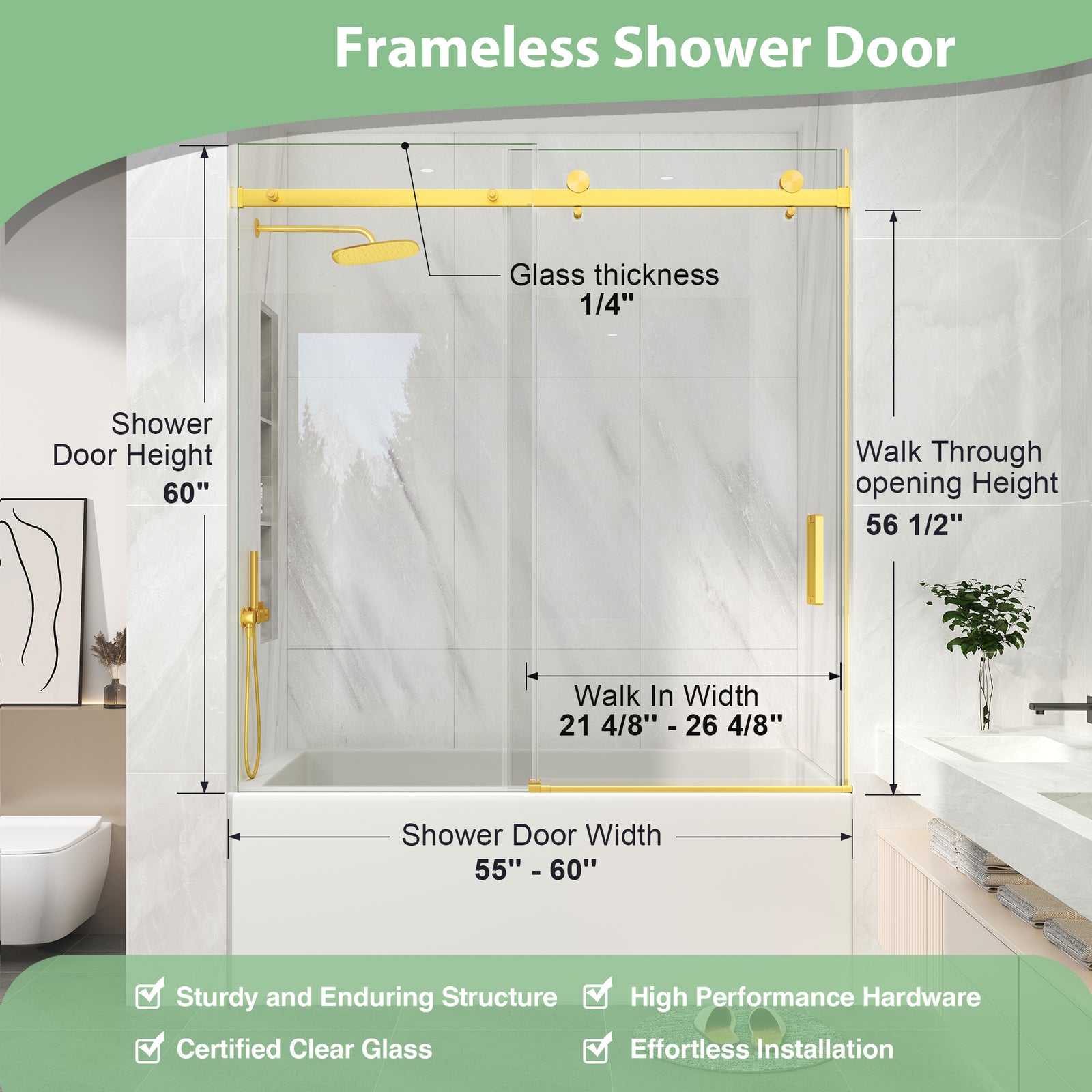 KPUY Frameless Sliding Bathtub Door, 60" H, 1/4" Tempered Glass, Brushed Gold