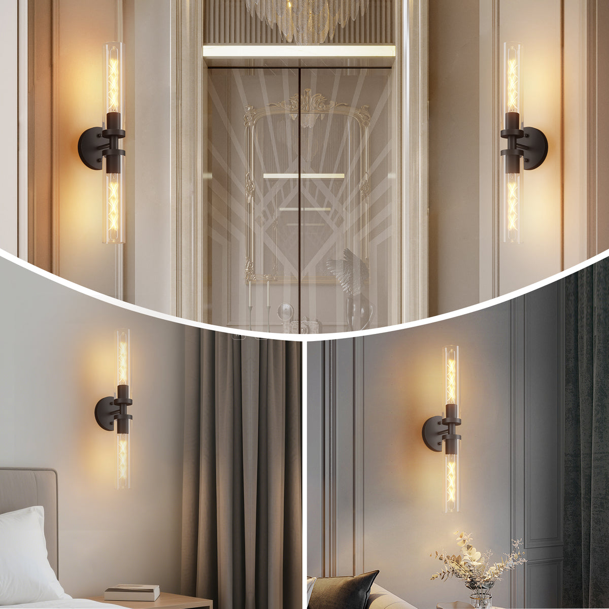 Wall Sconces Set of Two, Hardwired Matte Black Bathroom Sconces Wall Lighting with Clear Glass, Modern Sconces Wall Decor Set of 2 Wall Light fixtures for Bathroom Mirror Hallway (Bulbs Not Included)